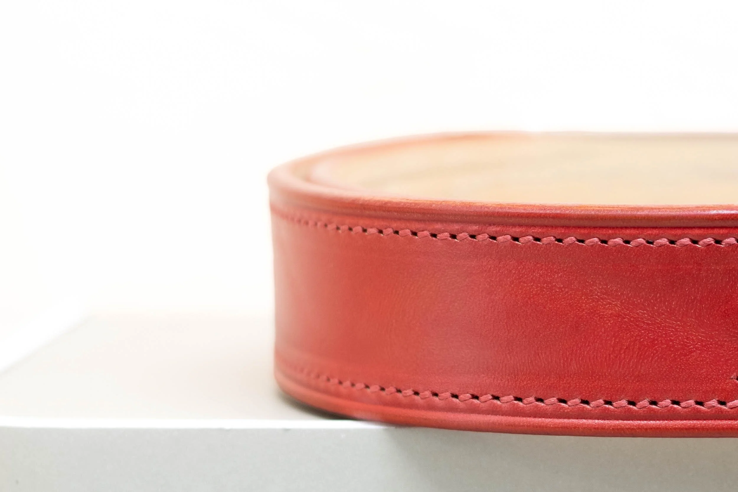 Red leather belt with matching red stitch and half brass buckle 38mm