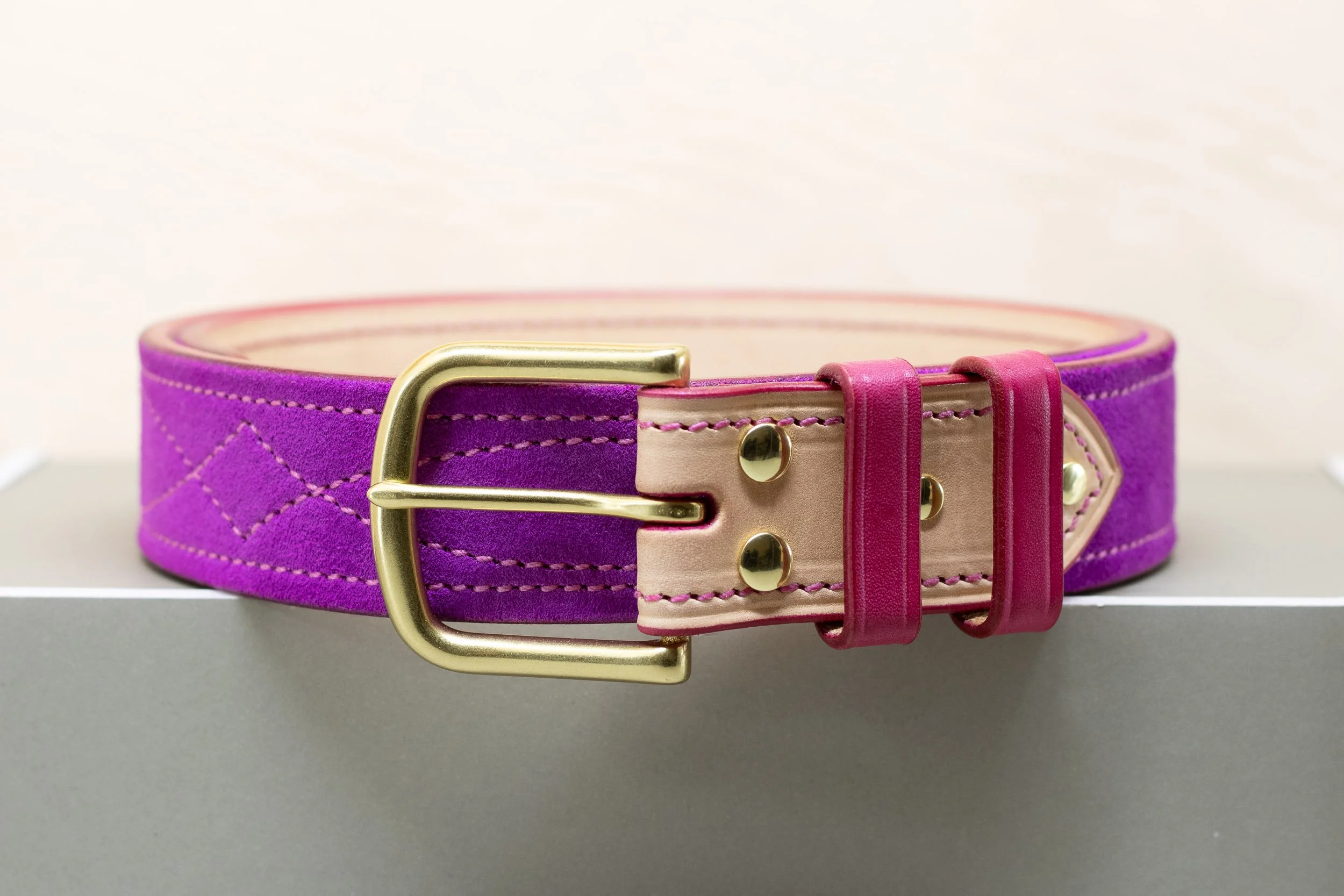 Diamond Stitch Suede Belt - Half Buckle 38mm - Orchid Purple