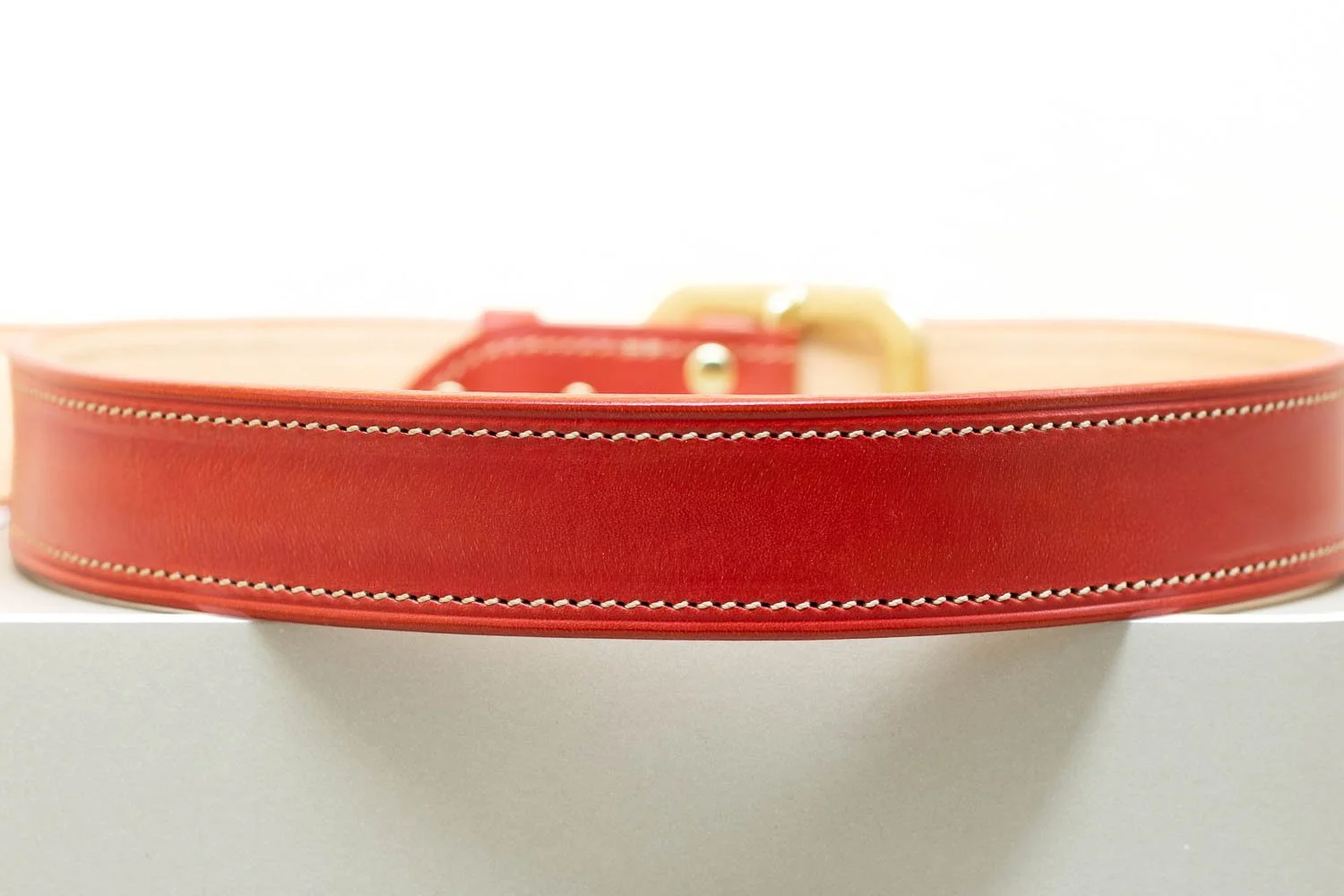 Red leather belt with half brass buckle 38mm
