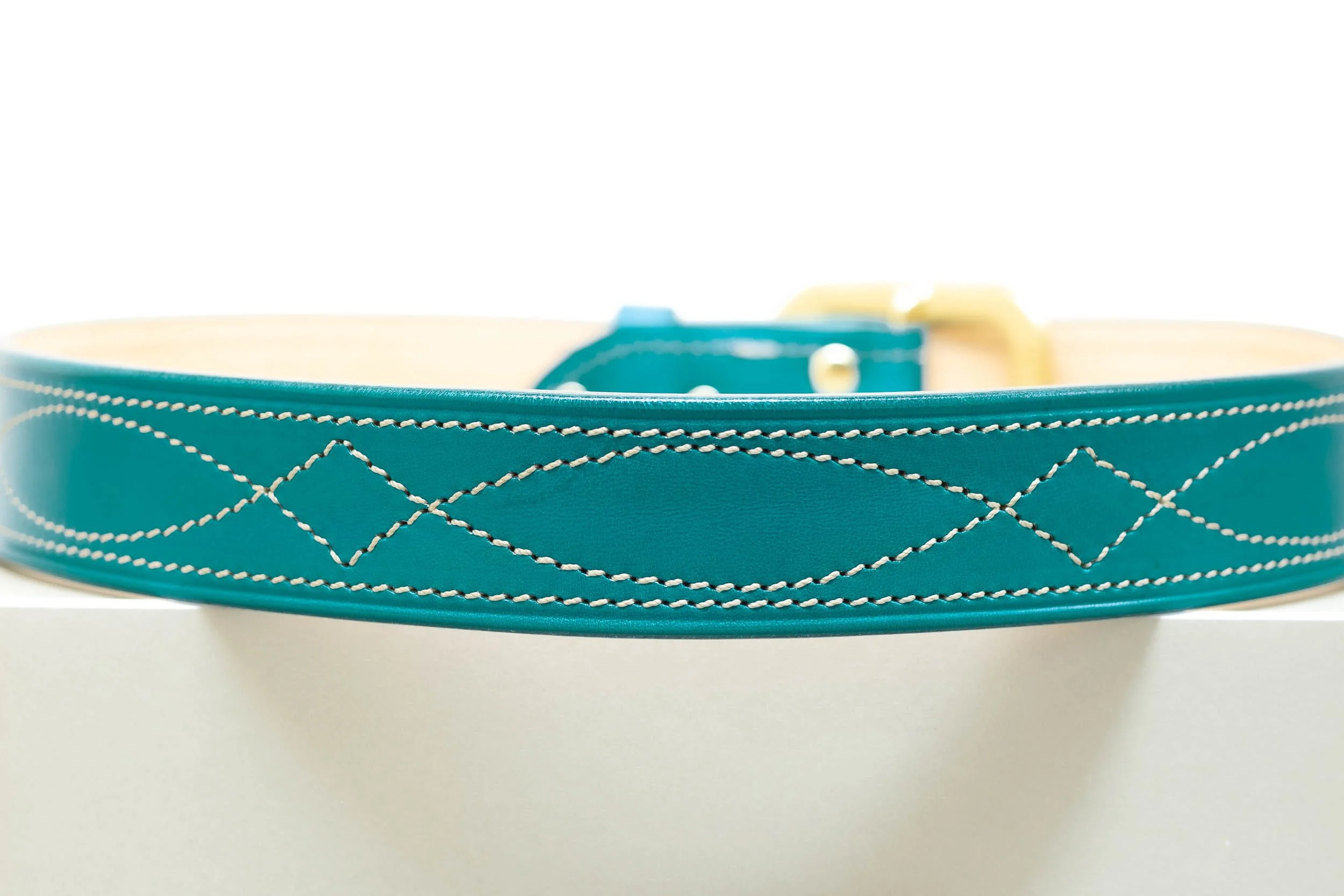Aqua leather belt diamond stitch half brass buckle 38mm