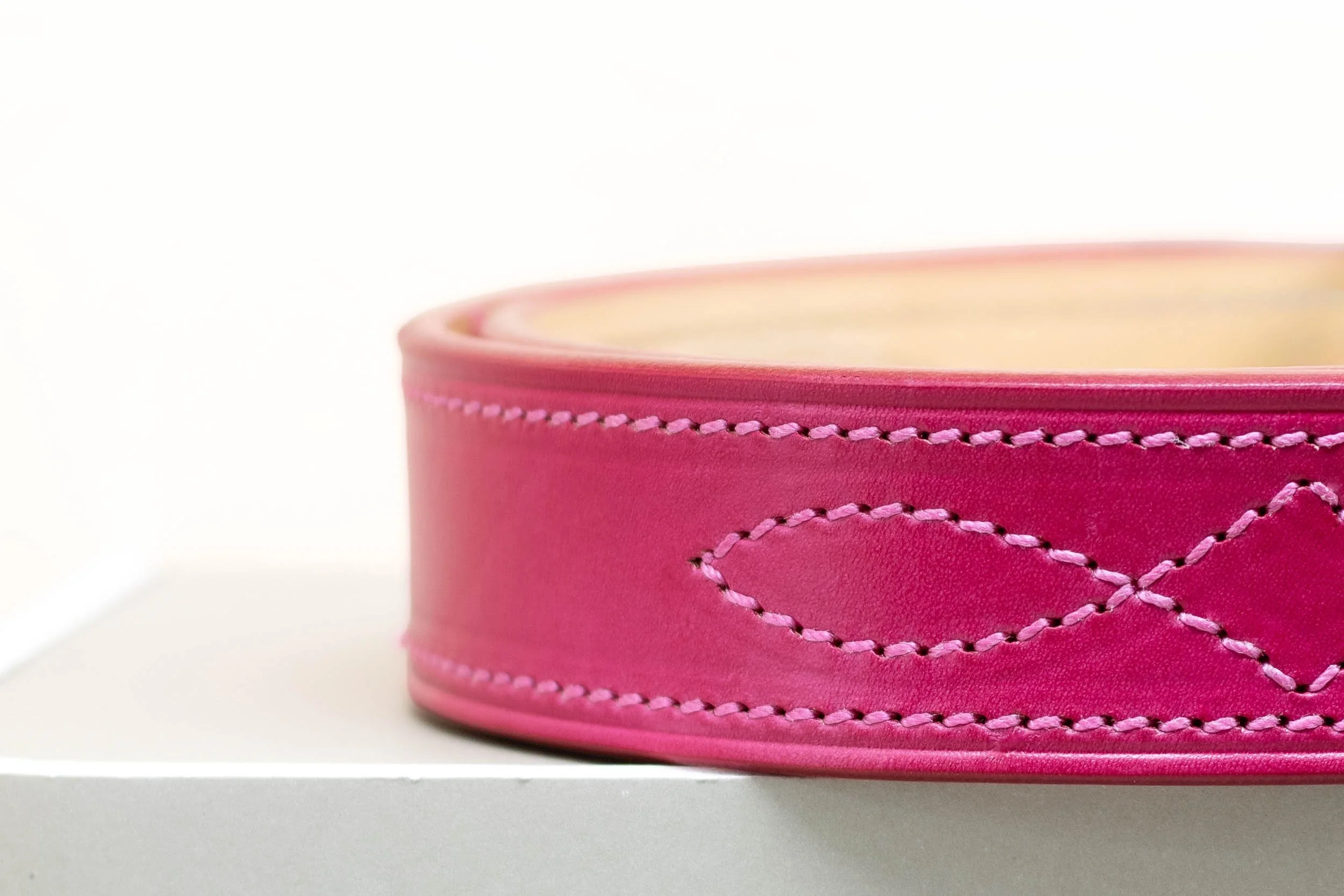 Pink leather belt with matching pink diamond stitch and solid brass buckle 38mm