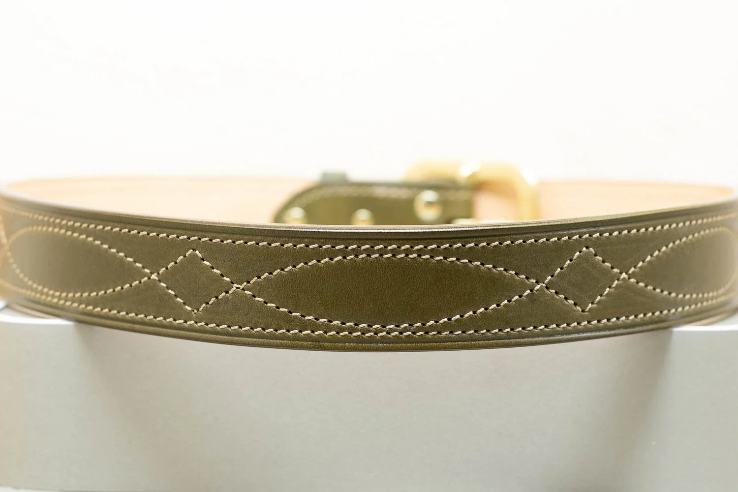 Green leather belt with diamond stitch and half brass buckle 38mm