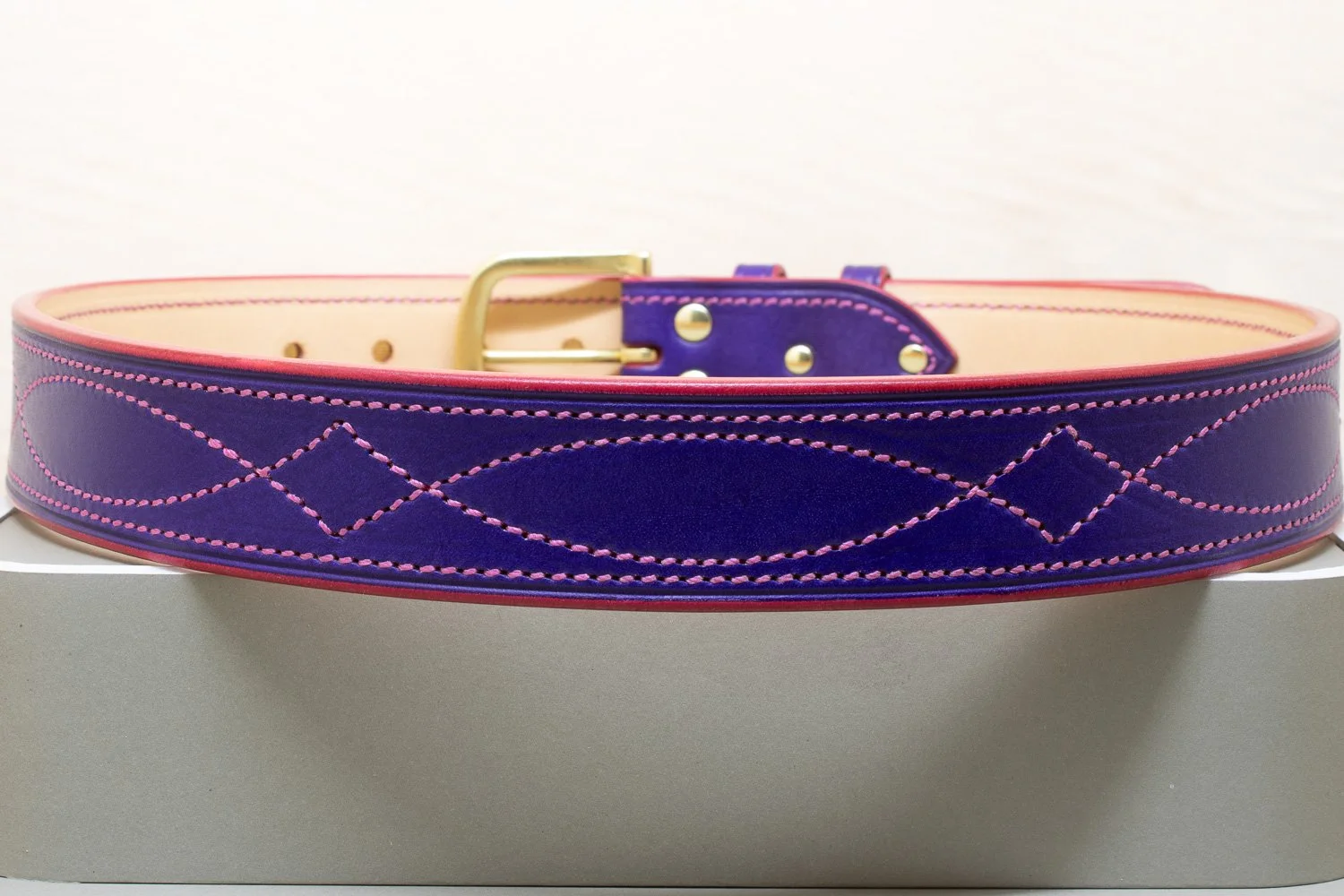 Purple leather pink edge belt diamond pink stitch half brass buckle (Copy) (Copy)