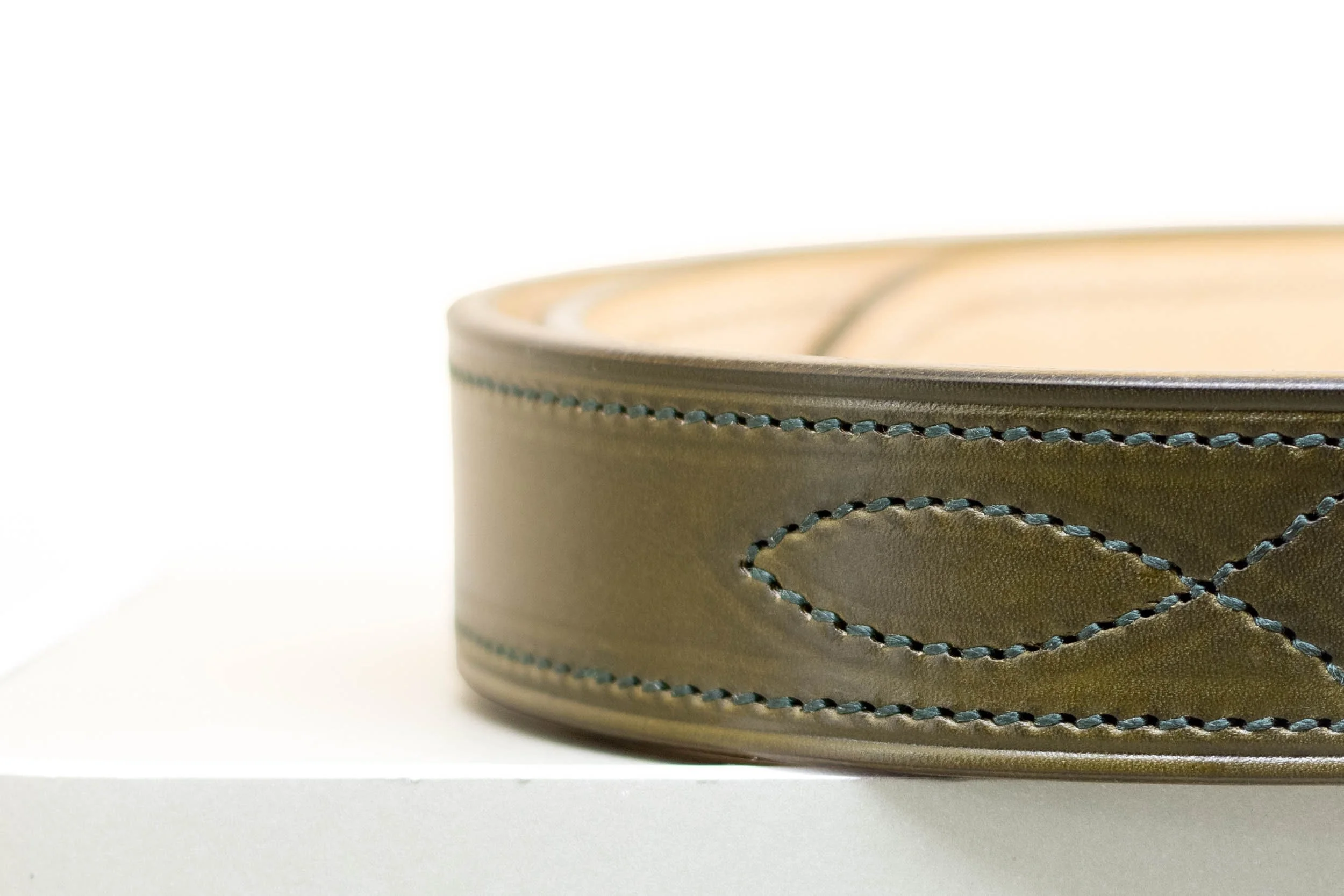 Green leather belt with matching green diamond stitch and half brass buckle 38mm