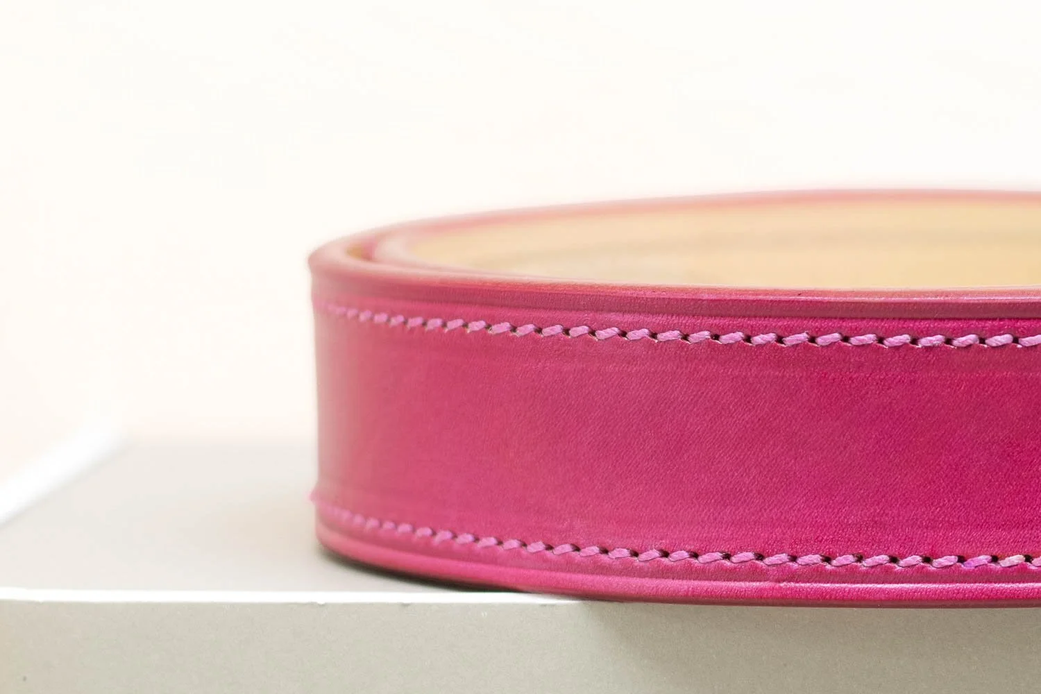 Pink leather belt with matching pink stitch and solid brass buckle 38mm