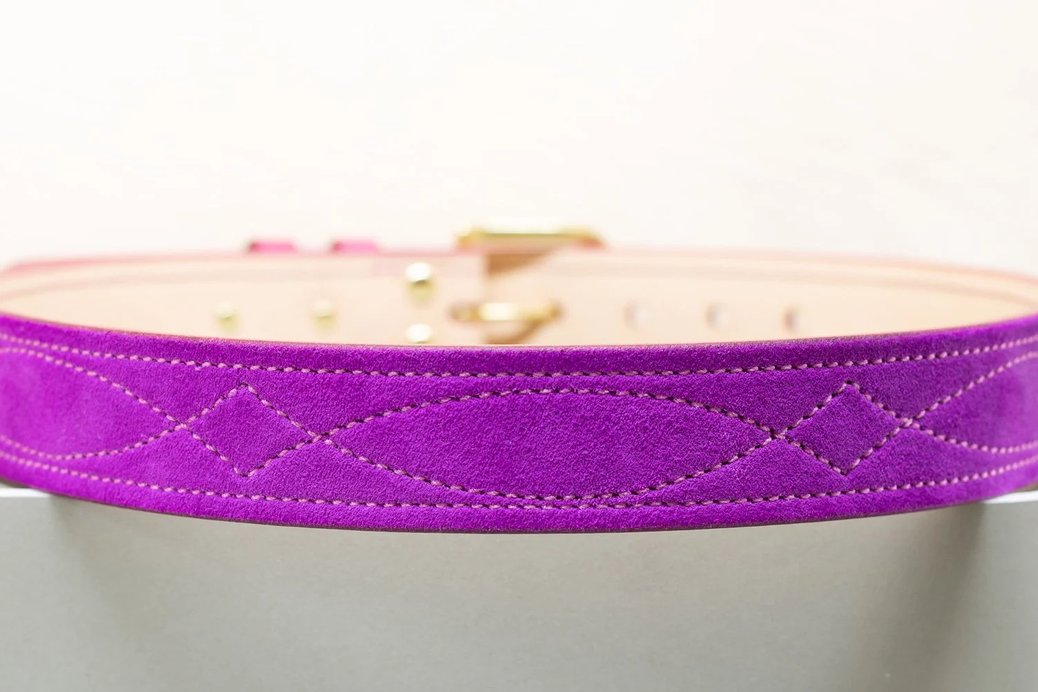 Purple suede belt with pink diamond stitch and half brass buckle 38mm