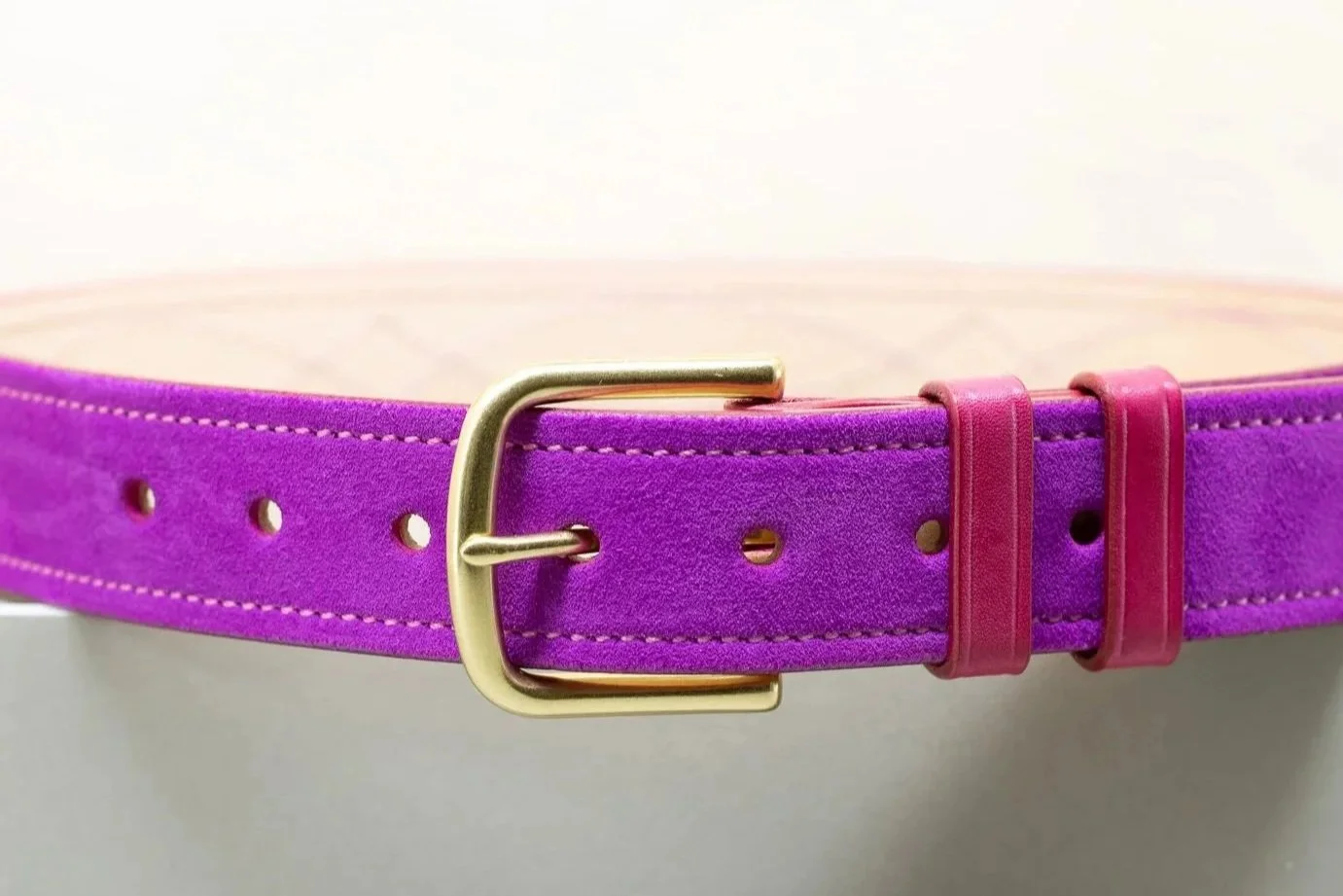 Orchid purple suede belt with pink diamond stitch and half brass buckle 38mm