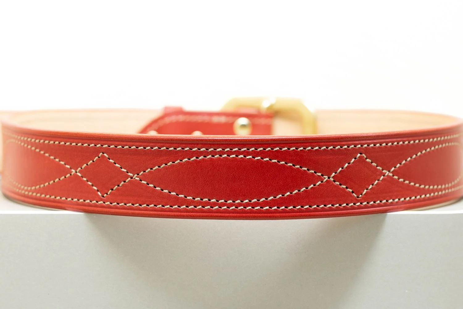 Red leather belt with diamond stitch and half brass buckle 38mm