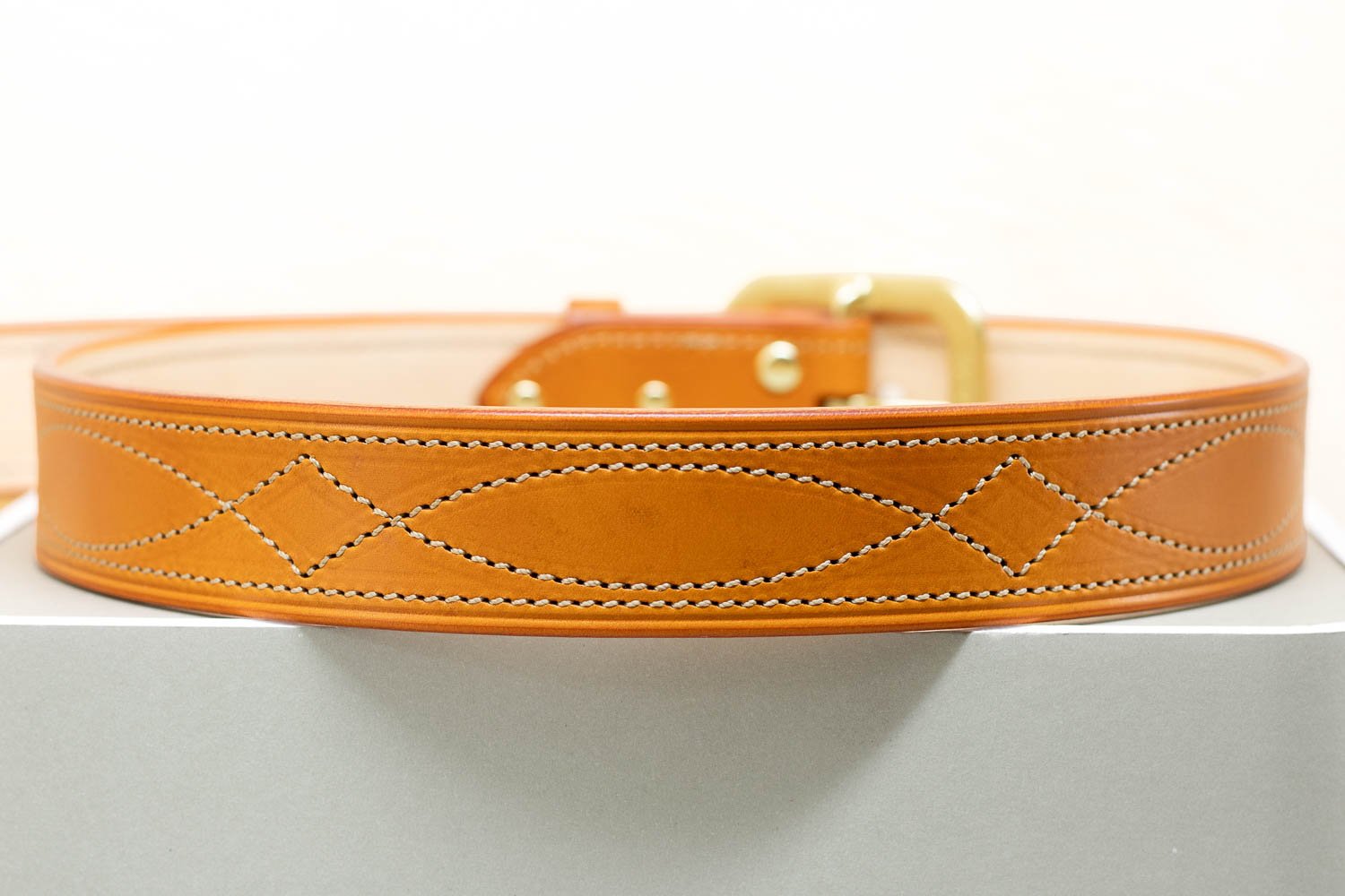 Orange leather belt diamond stitch half brass buckle 38mm