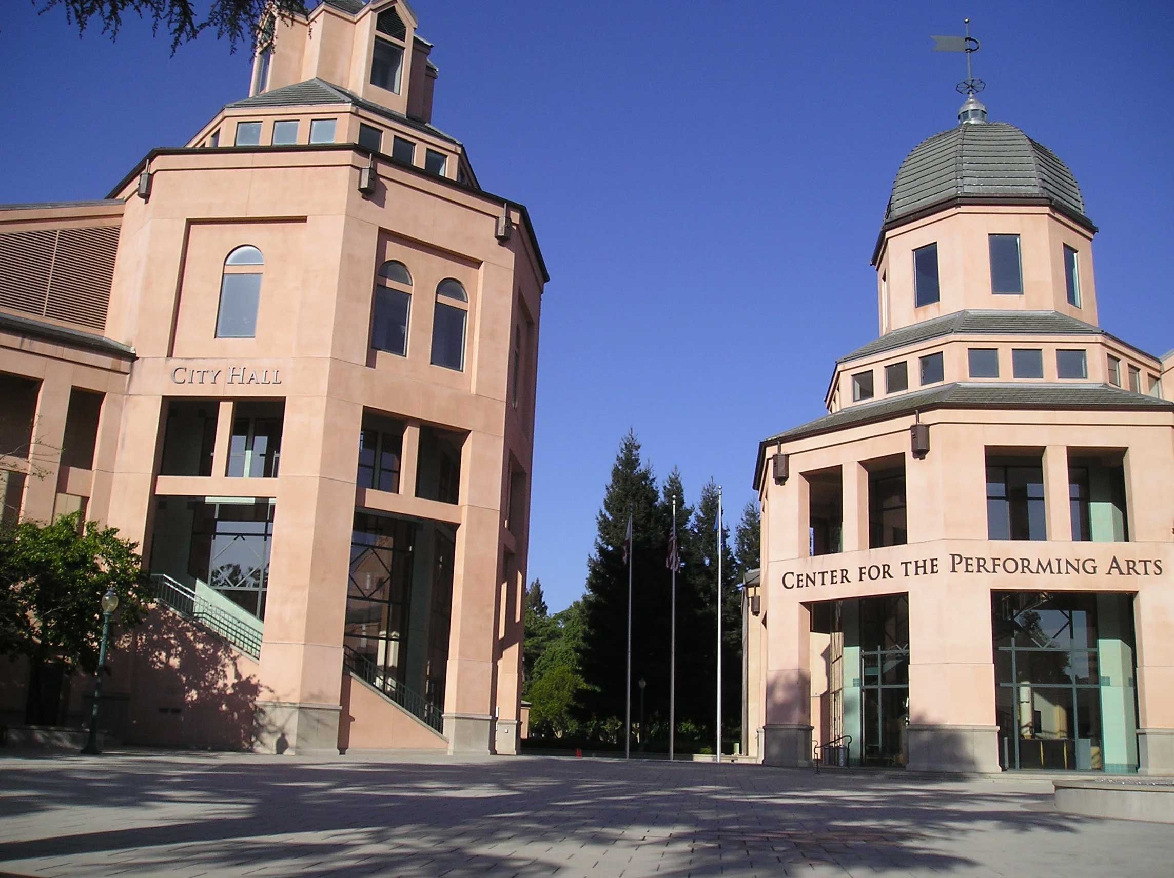 Photo of a city hall building and a center for the performing arts with pinkish stone facades, large windows, and towers with domed roofs against a clear blue sky.