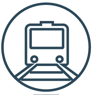Line drawing of a train approaching on tracks inside a circular border.