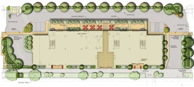 Site plan of a recreational park with walking paths, green spaces, trees, and designated areas for activities, surrounded by parking and street access.