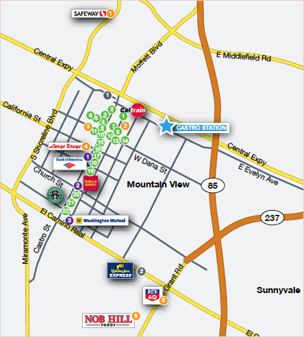 Map of Mountain View showing locations of Castro Station, Mountain View Caltrain, and nearby streets and landmarks.