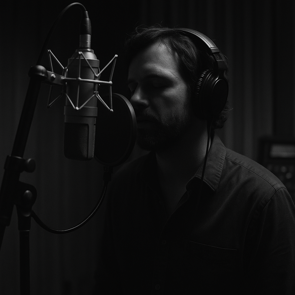 A man with headphones singing into a microphone in a recording studio.