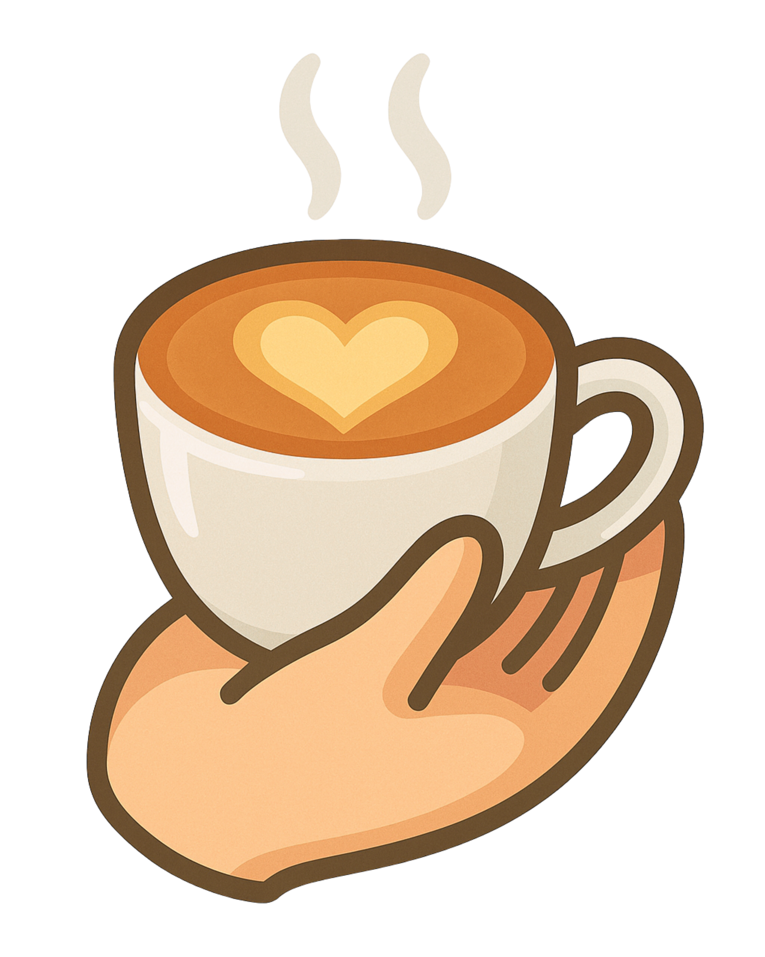 Illustration einer Hand, die eine Tasse Kaffee mit Herzmuster auf der Oberfläche hält, mit aufsteigenden Rauchwölkchen.