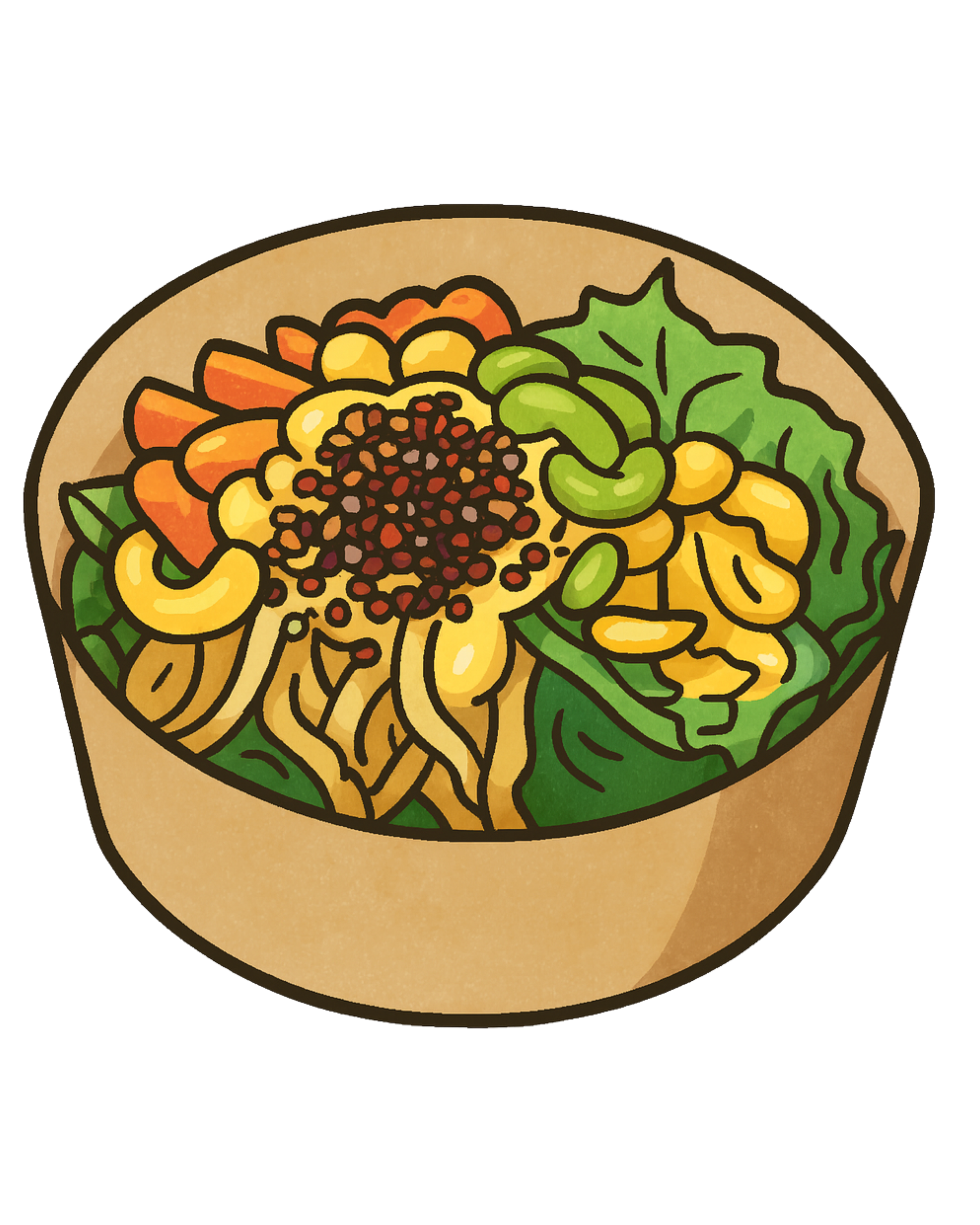 Illustration eines Schüssel mit Nudelsalat, Gemüse, und roten Gewürzspänen.