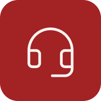 Red background with white outline of headset with a microphone