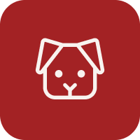 Simple line drawing of a dog's face on a red background.