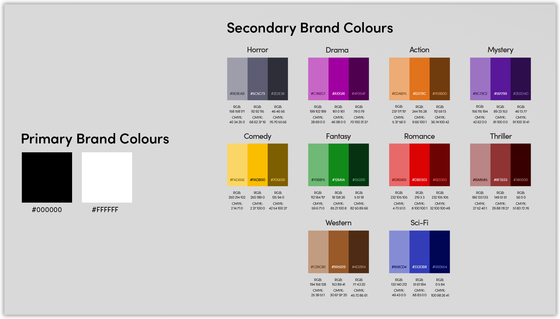 Little Teatro has secondary colours that support and work in tandem with the primary brand colours. These colours convey the creativity and personality of the brand.

Each of these colours aligns to a genre’s emotion. They highlight what the audience