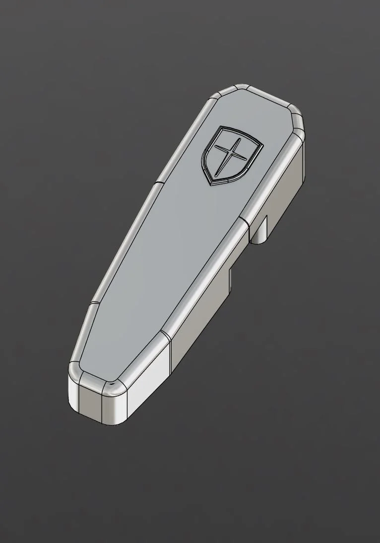 3D rendering of a metallic coffin with a shield emblem featuring a cross, set against a dark background.