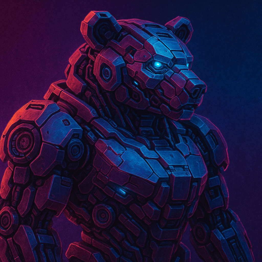 A detailed digital illustration of a futuristic robotic bear with glowing blue eyes, composed of intricate cybernetic parts, illuminated by red and blue neon lights.