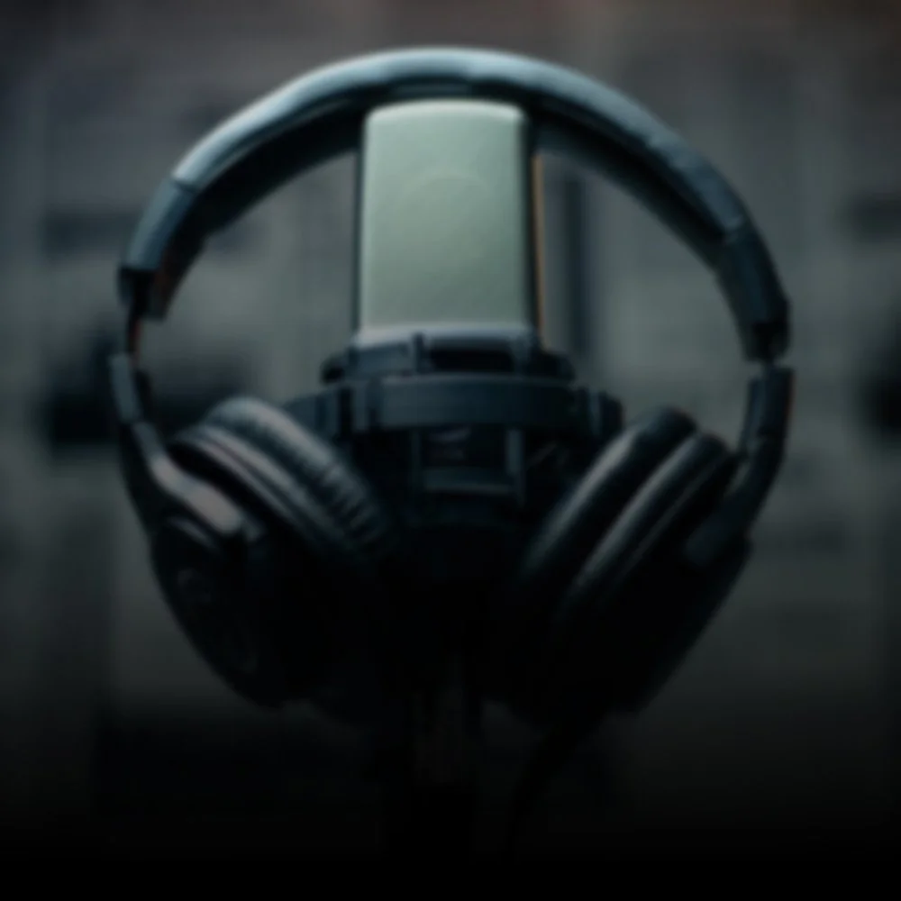 Black over-ear headphones hanging on a dark background.