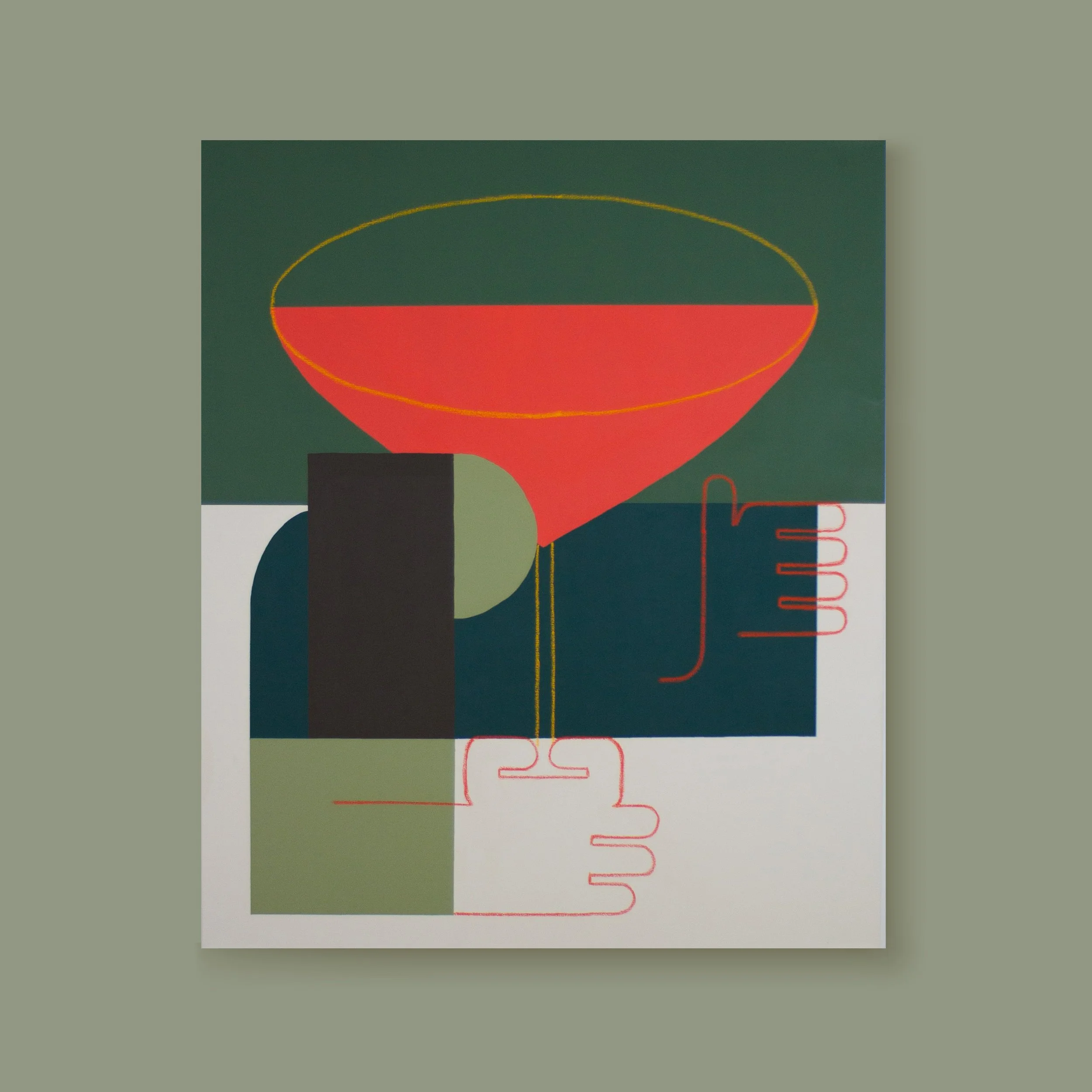 Abstraktes Gemälde mit geometrischen Formen in grünen, schwarzen, blauen, weißen, roten und gelben Farben, bestehend aus einem großen roten halbkreisförmigen Objekt, Linien und rechteckigen Elementen.