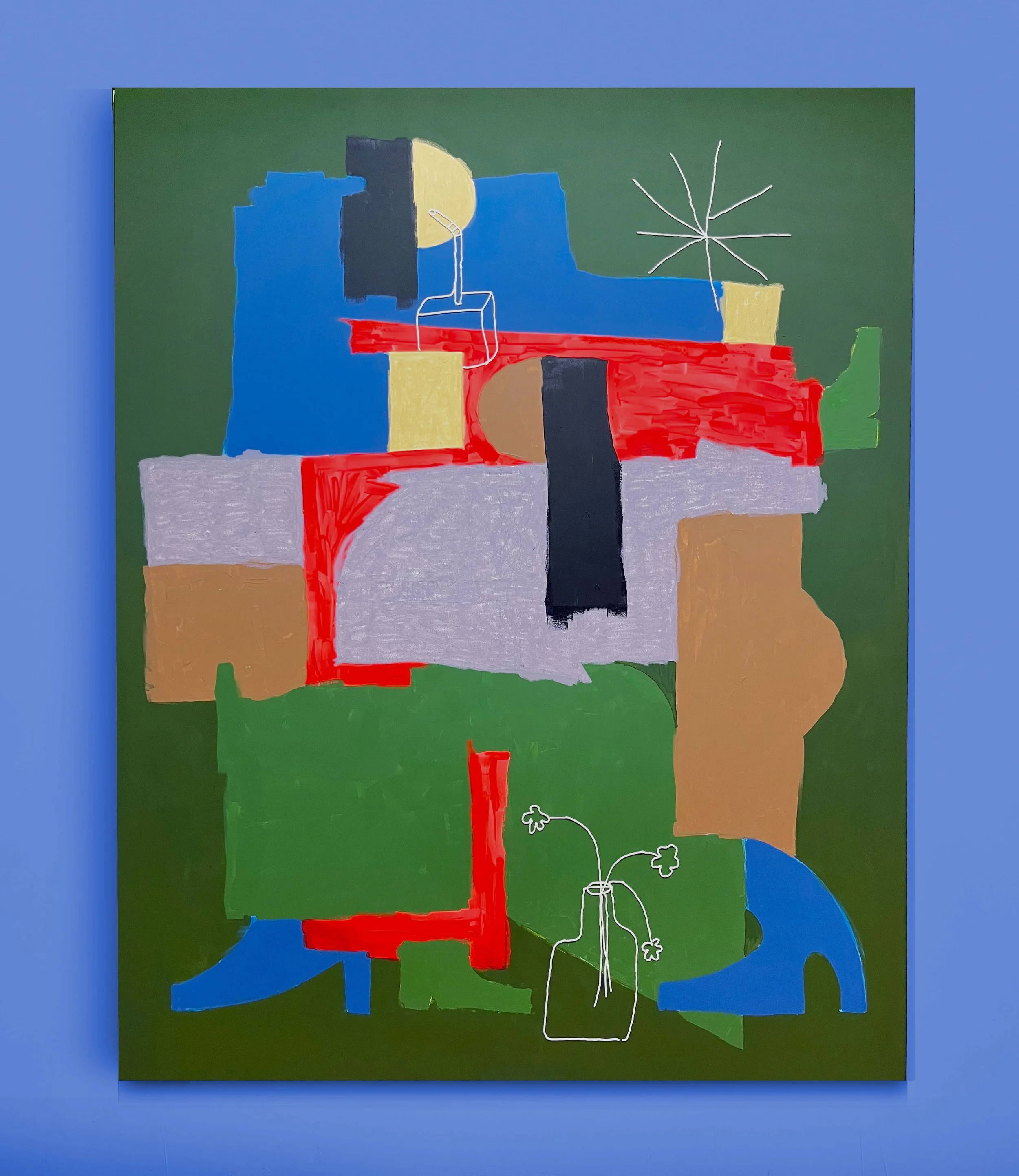 Abstraktes Gemälde mit bunten Rechtecken, Linien und Mustern in Blau, Rot, Grün, Gelb, Schwarz, Grau und Braun auf grünem Hintergrund.