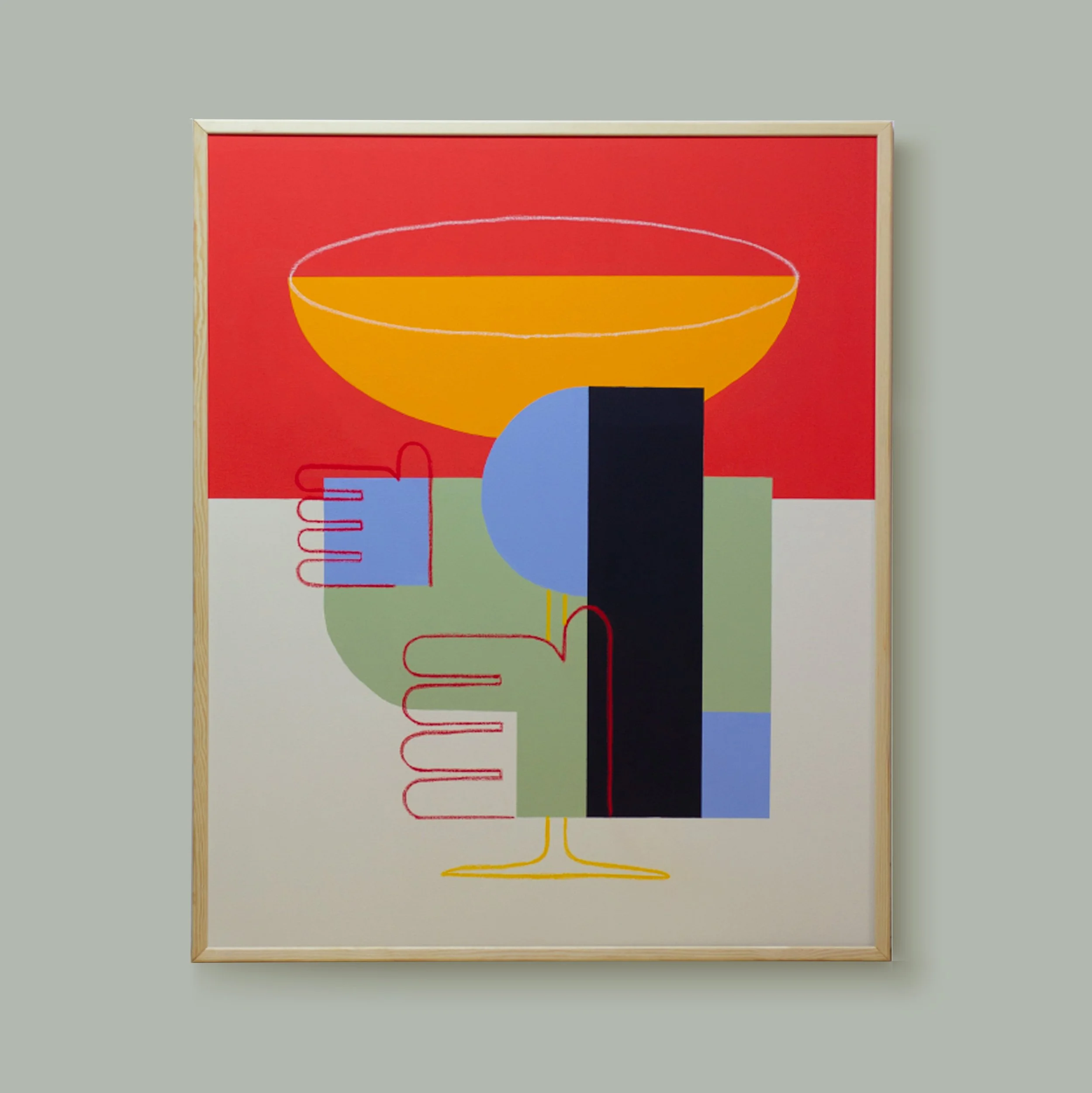 Abstrakte Kunstdruck mit geometrischen Formen, einer großen roten und orangefarbenen Schale, verbunden mit Linien und Blöcken in Blau, Schwarz, Grün und Rot, auf geteiltem Hintergrund in Rot, Weiß und Grau.