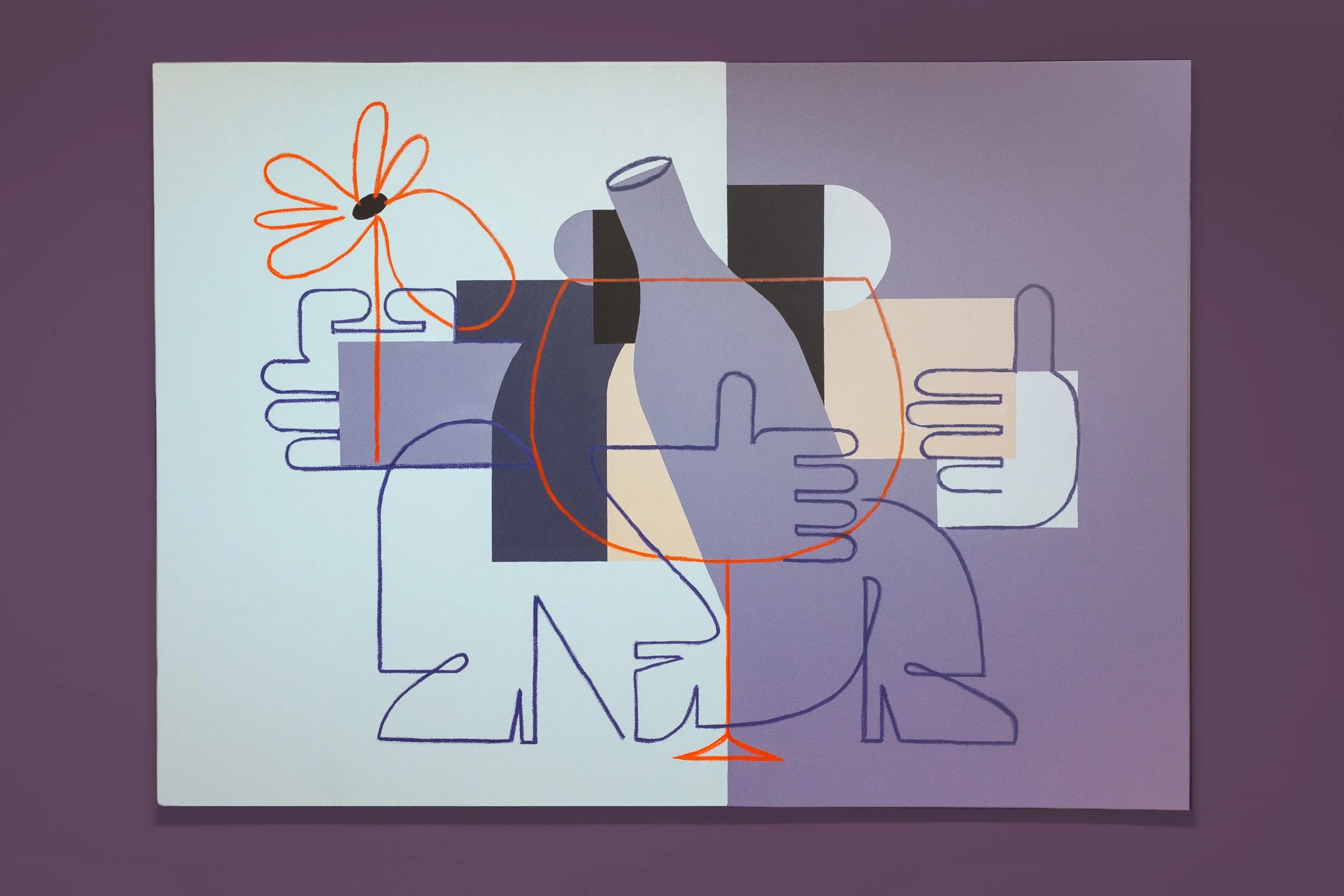 Kunstwerk mit abstrakten Linienzeichnungen von Händen, Flasche, Blume und einem Glas, in Schwarz, Weiß, Blau, Rot und Grau auf einem geteilten Hintergrund in Hellblau und Violett.