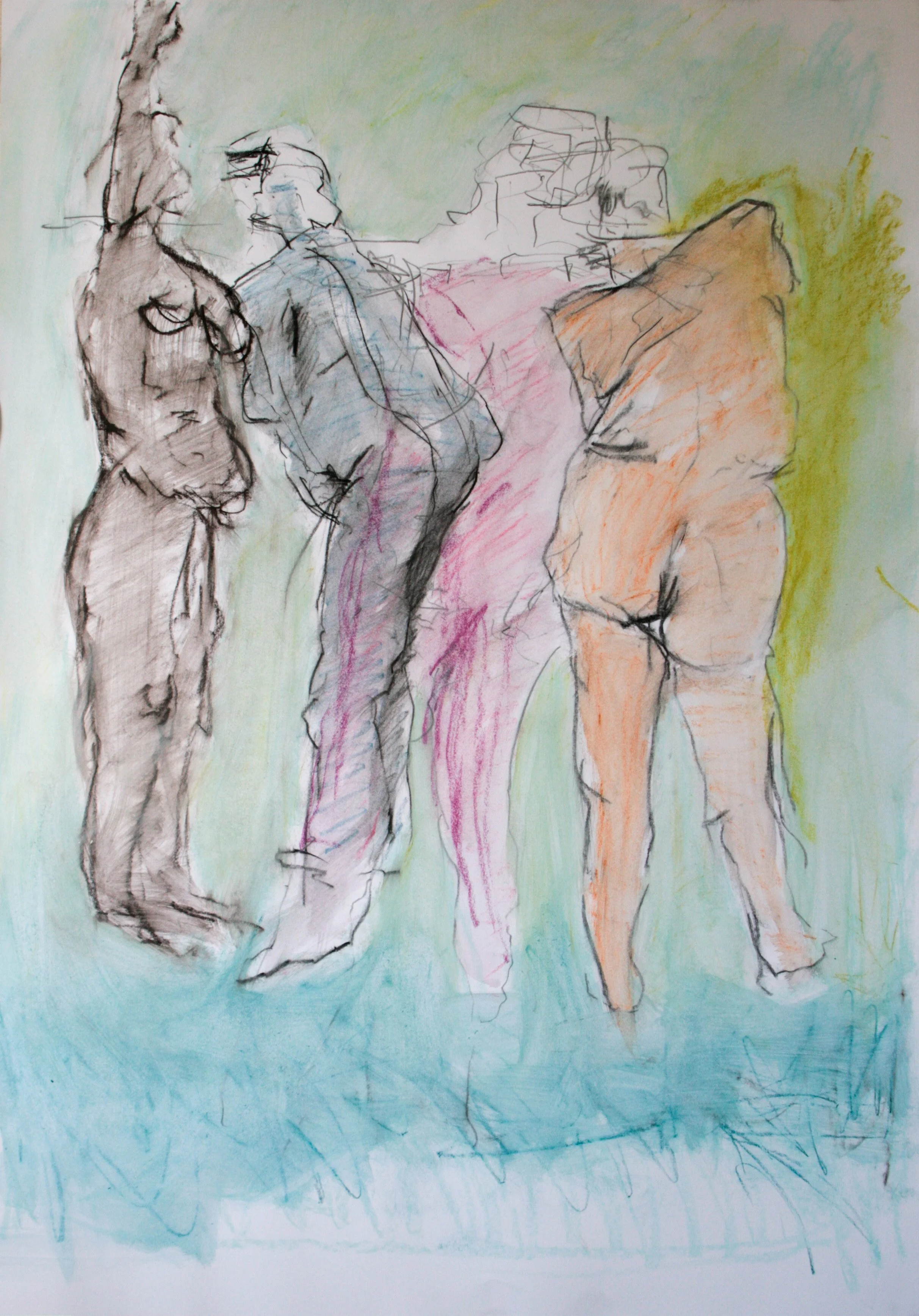 Vier stehende Akte 2024, Mischtechnik, Papier, 100 x 70 cm