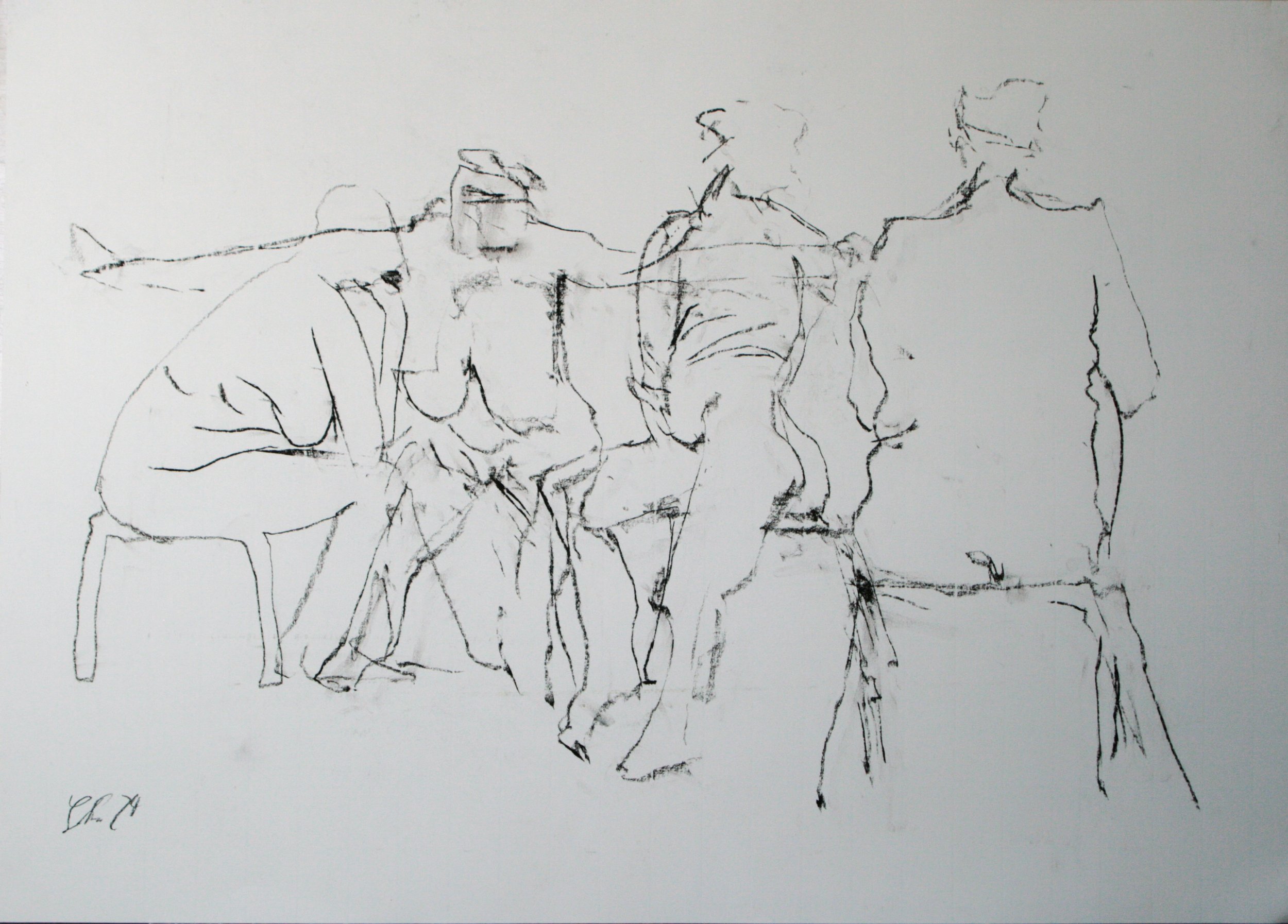 Vier Akte sitzend 2024, Kohle, Papier, 50 x 70 cm