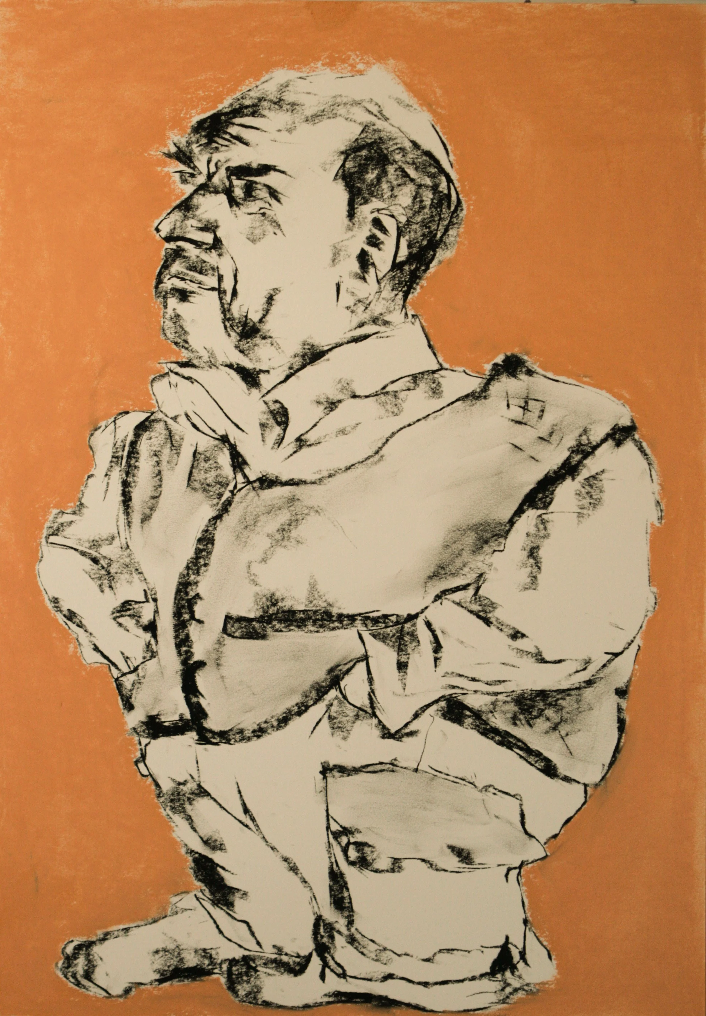 Selbst gestaucht stehend 2026, Kohle u. Pastell, Papier, 59 x 42 cm