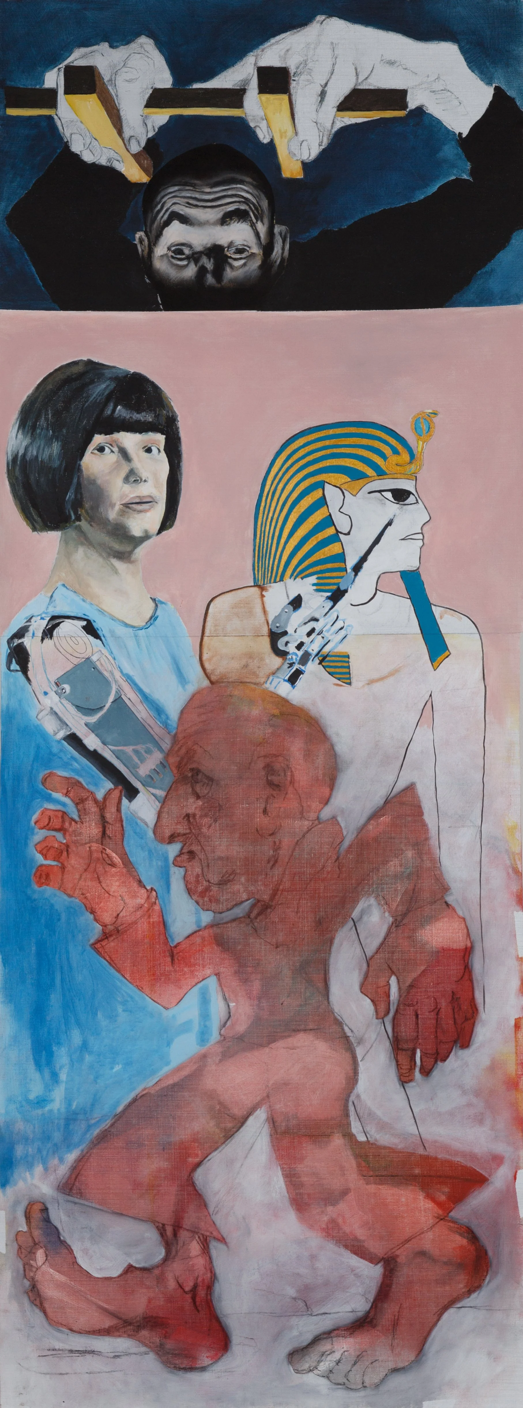 Puppenspieler 2025, Collage, Acryl/Kohle, Leinwand, 212 x 77 cm