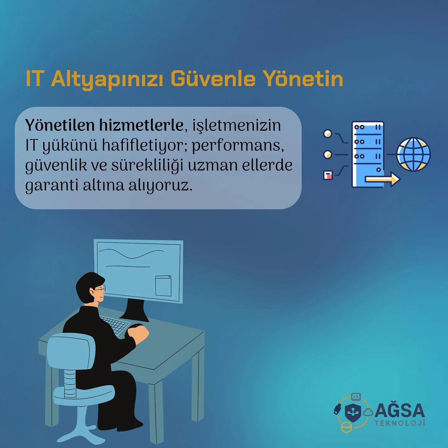 Y&ouml;netilen hizmetlerle, işletmenizin IT y&uuml;k&uuml;n&uuml; hafifletiyor; performans, g&uuml;venlik ve s&uuml;rekliliği uzman ellerde garanti altına alıyoruz. #agsateknoloji #y&ouml;netilenhizmetler #itworks #networksecurity #bilişim #danışmanl