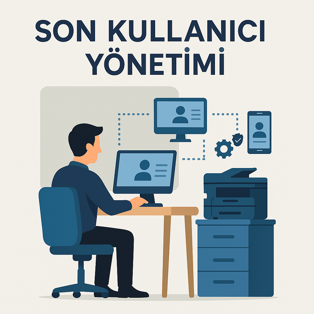 Bilgisayar ve yazıcılarla bir masada çalışan bir kişinin illüstrasyonu, üstte 'Son Kullanıcı Yönetimi' yazısı var.