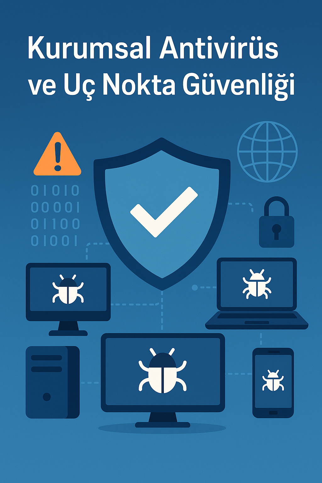 Kurumsal antivirüs ve uç nokta güvenliği ile ilgili, mavi bir arka plan üzerinde, onay işaretli bir kalkan, bilgisayar monitörleri, bir dizüstü bilgisayar, bir akıllı telefon, bir kilit, bir uyarı işareti, ikili kod ve bir kürenin yer aldığı dijital