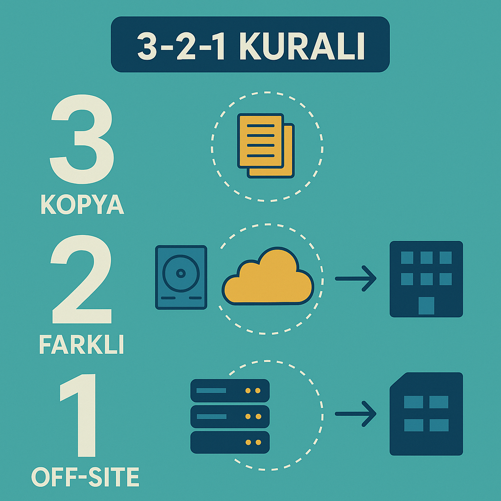 Yedeklemeler için 3-2-1 kuralını gösteren infografik: 3 kopya, 2 farklı tür, 1'i harici, kağıtların, bulut depolama alanının ve sunucuların simgeleriyle.