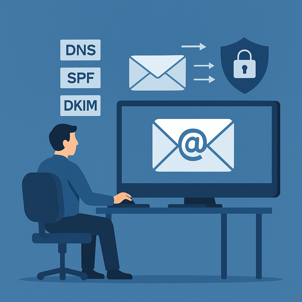 Masada oturan ve üzerinde e-posta simgesi bulunan bir bilgisayar ekranına bakan bir adamın dijital çizimi. Arka planda kilitli e-posta simgeleri ve e-posta güvenlik protokollerini temsil eden DNS, SPF ve DKIM metin etiketleri yer alıyor.