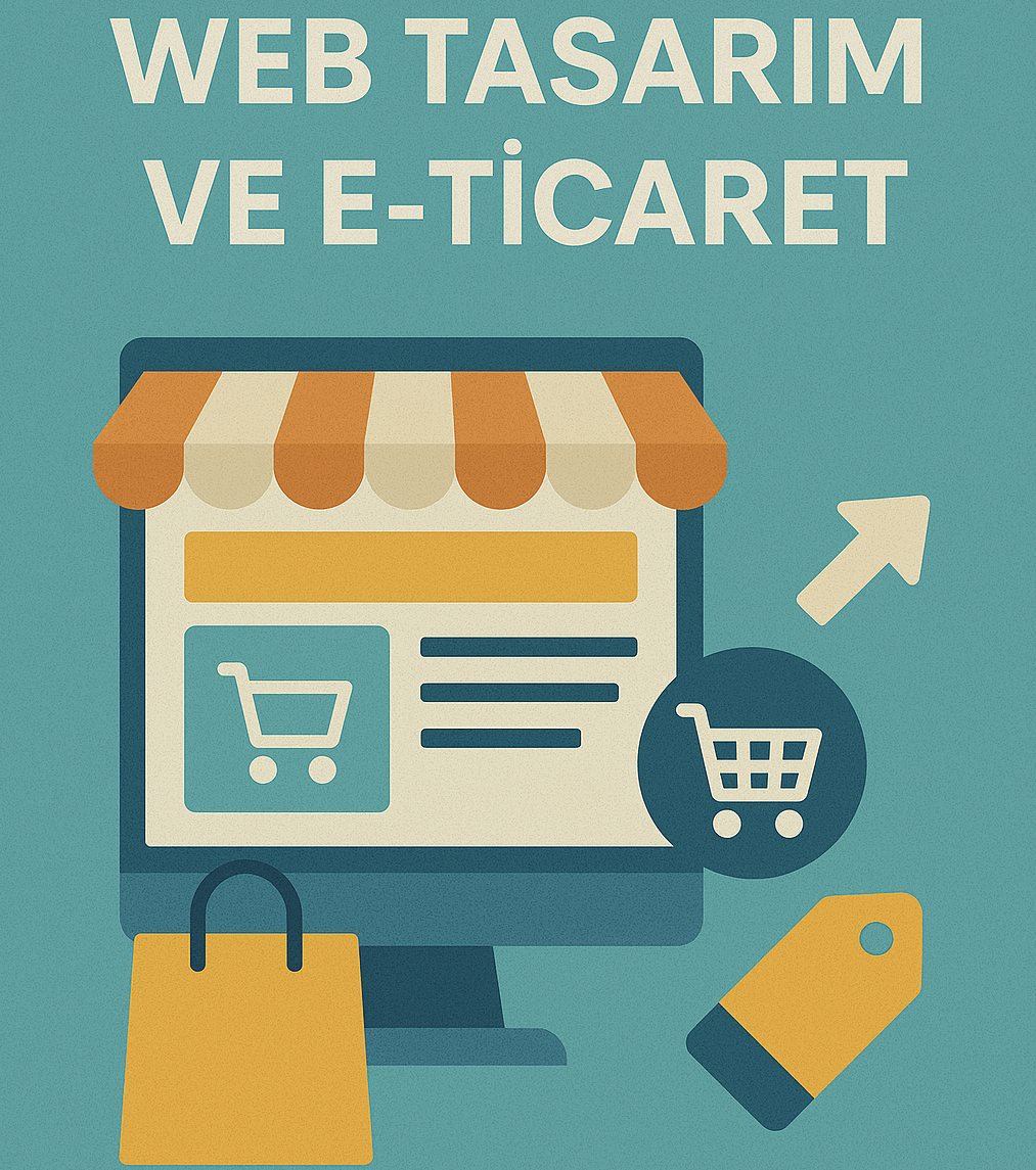 Web tasarımı ve e-ticaret için bir web sitesinin dijital çizimi. Bilgisayar ekranında, alışveriş sepeti simgesi, alışveriş çantası, fiyat etiketi ve büyümeyi gösteren yukarı ok bulunan bir çevrimiçi alışveriş sayfası gösteriliyor. Arka plan turkuaz r