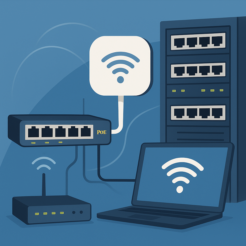 Kablosuz bağlantıyı gösteren Wi-Fi sinyalleriyle, yönlendirici, anahtar ve dizüstü bilgisayar dahil olmak üzere çeşitli ağ aygıtlarının bağlı olduğu bir çizim.