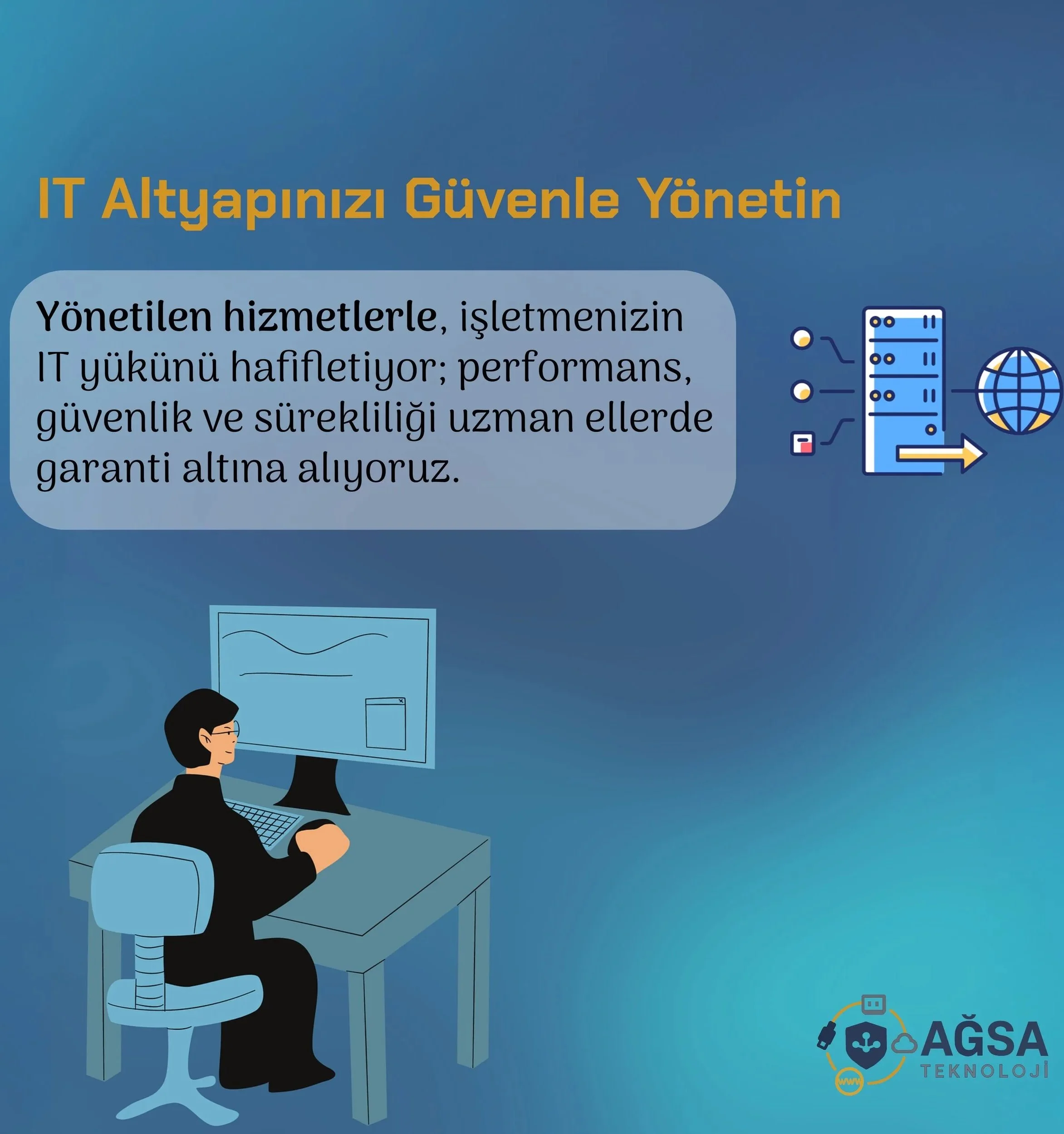 Büyük bir monitöre sahip bir bilgisayarda çalışan bir kişinin masada oturduğu dijital bir illüstrasyon ve sağda veri sunucularının ve bir kürenin grafiksel bir temsili yer alıyor. Metin, sağ altta bir şirket logosuyla BT altyapısının güvenli yönetimi
