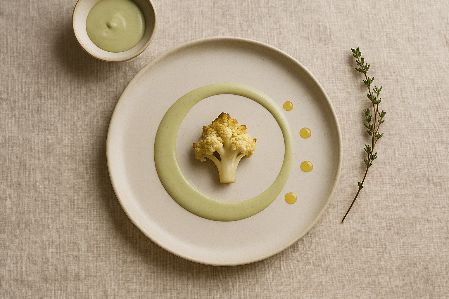 A plate with a piece of cauliflower in the center, surrounded by green sauce, with three small yellow dots, a sprig of thyme on the right, and a small bowl of green sauce on the top left.