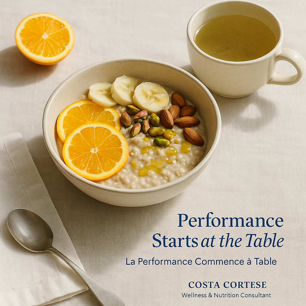 A bowl of oatmeal topped with orange slices, banana slices, almonds, and pistachios, accompanied by a cup of tea and half an orange on a white tablecloth, with a spoon and napkin nearby.