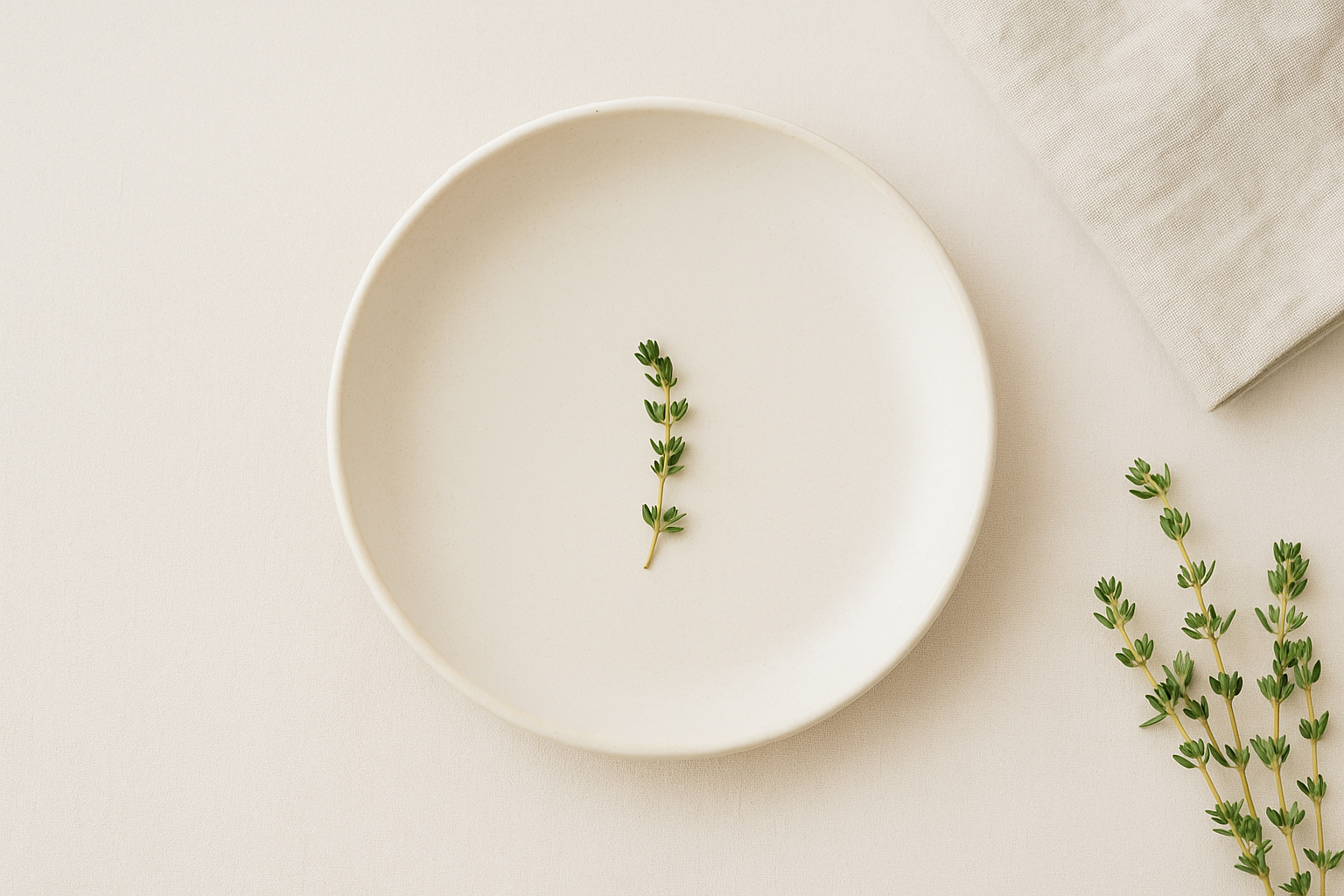 A minimalist white plate with a small sprig of fresh thyme in the center, placed on a light-colored surface with additional sprigs of thyme and a folded cloth in the background.