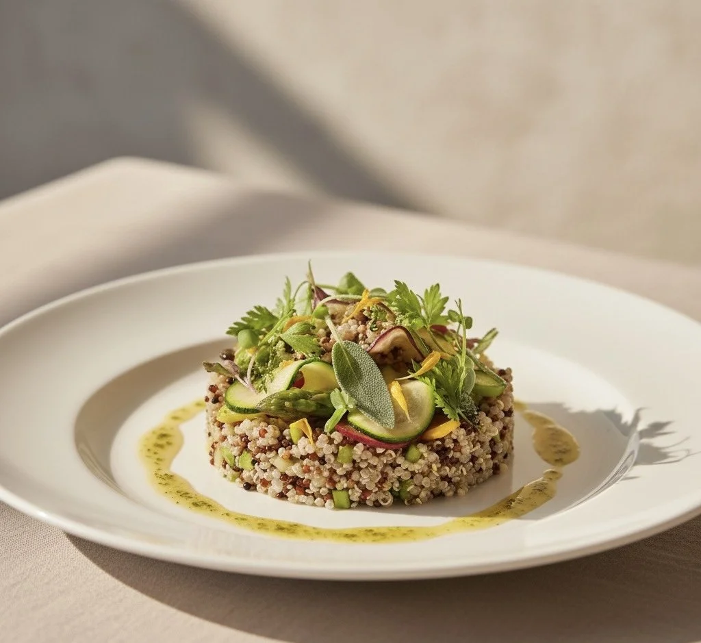 A plate of quinoa salad garnished with cucumber slices, microgreens, and herbs, with a drizzle of green sauce.