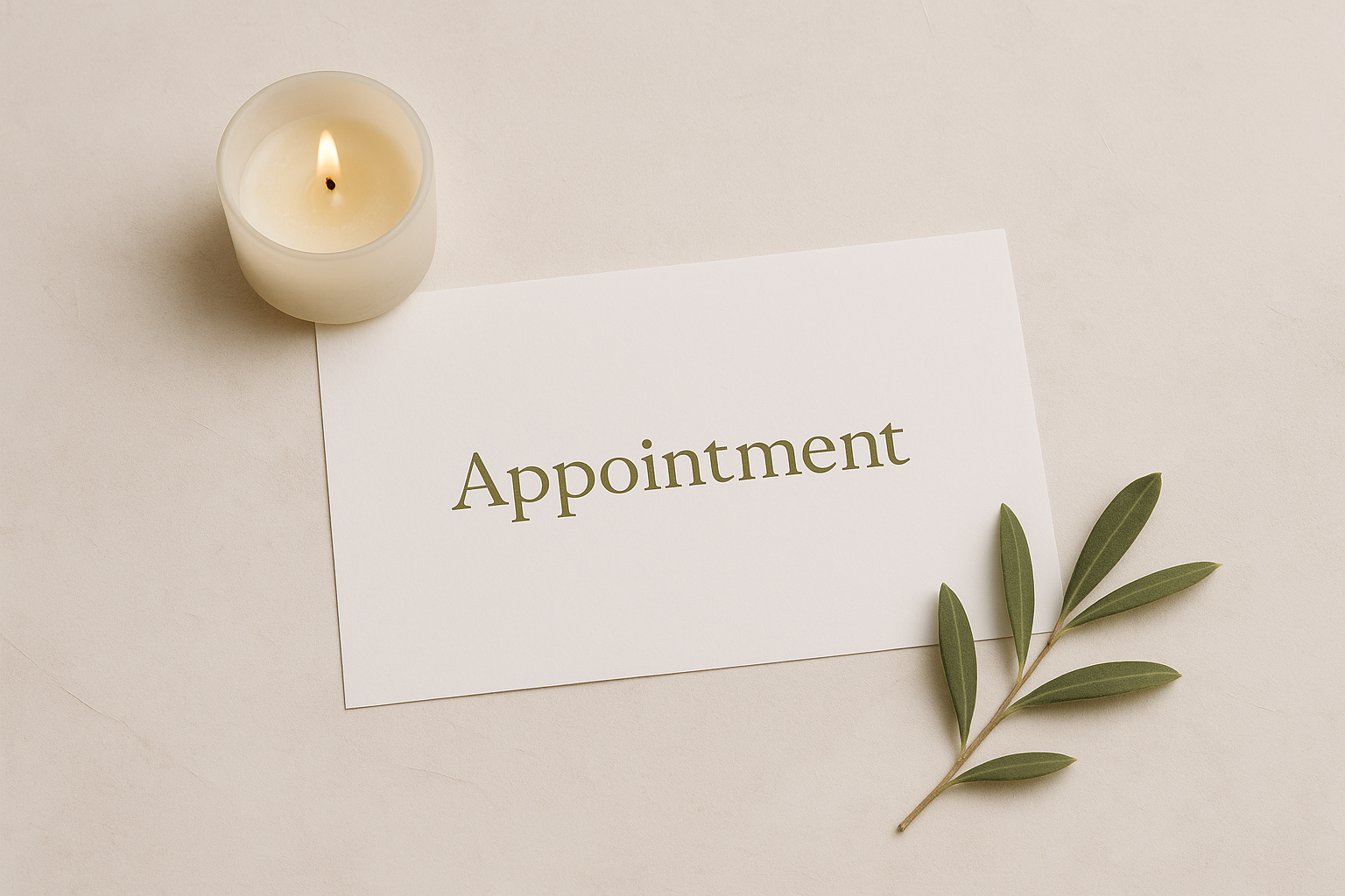 A white card with the word 'Appointment' written on it, a lit candle in a glass holder, and a green leafy branch on a beige surface.