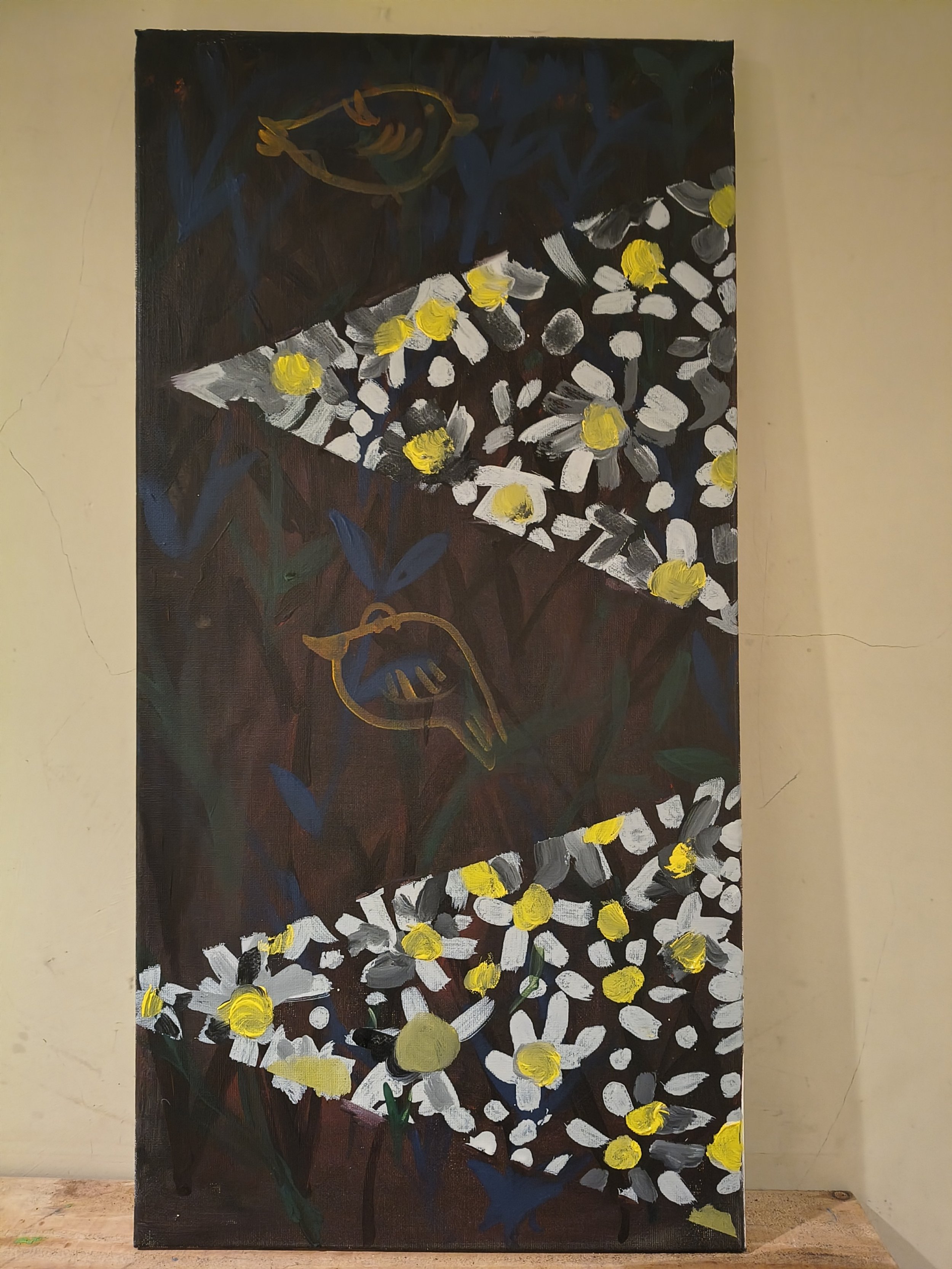 An abstract painting of a dark background featuring yellow and white flowers with some green and blue leaves, also including two stylized bird outlines in gold.