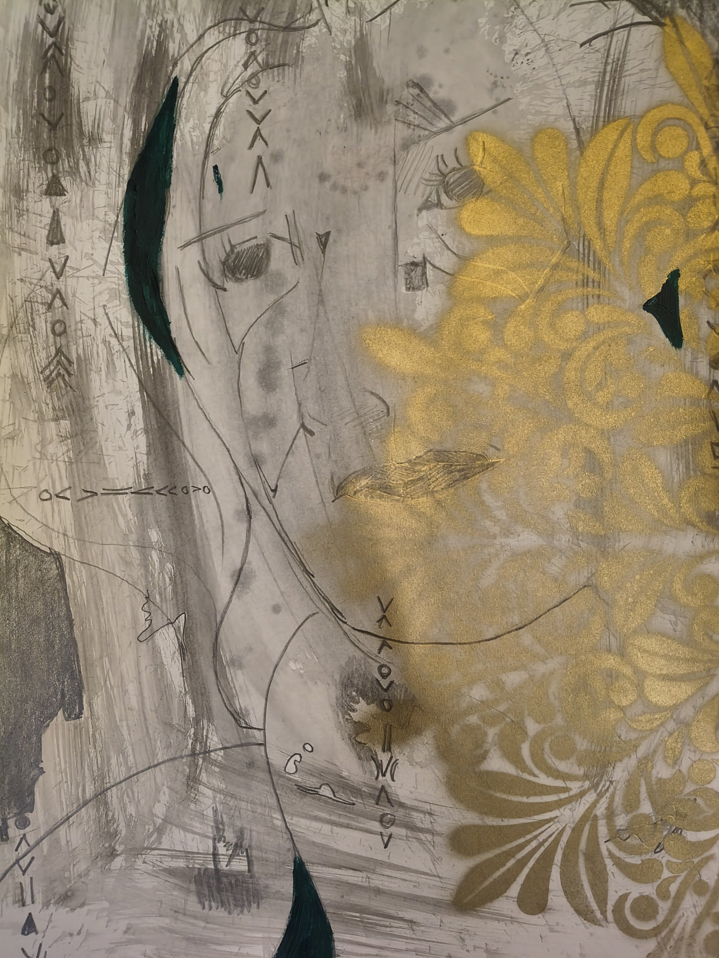 An artistic sketch combining lines and gold decorative elements, with hints of teal color and partial text or symbols on a textured background.