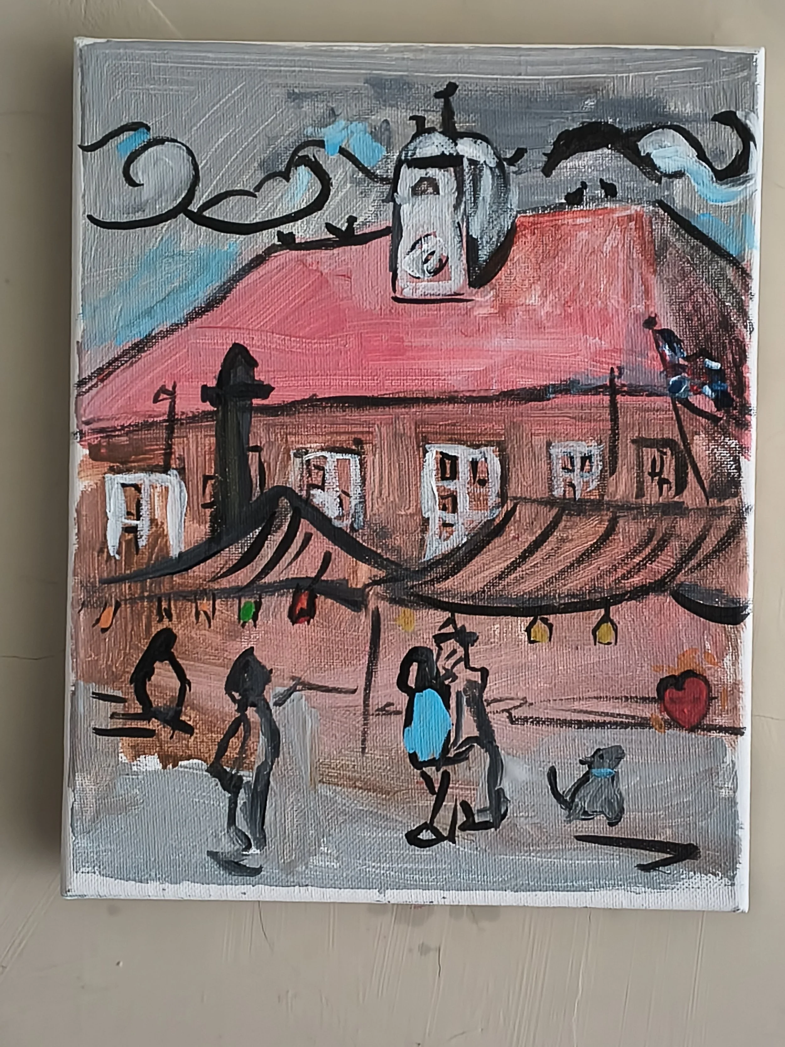 A colorful painting depicting a rooftop scene with people socializing outside, string lights, and a building with a helicopter on its roof in the background.